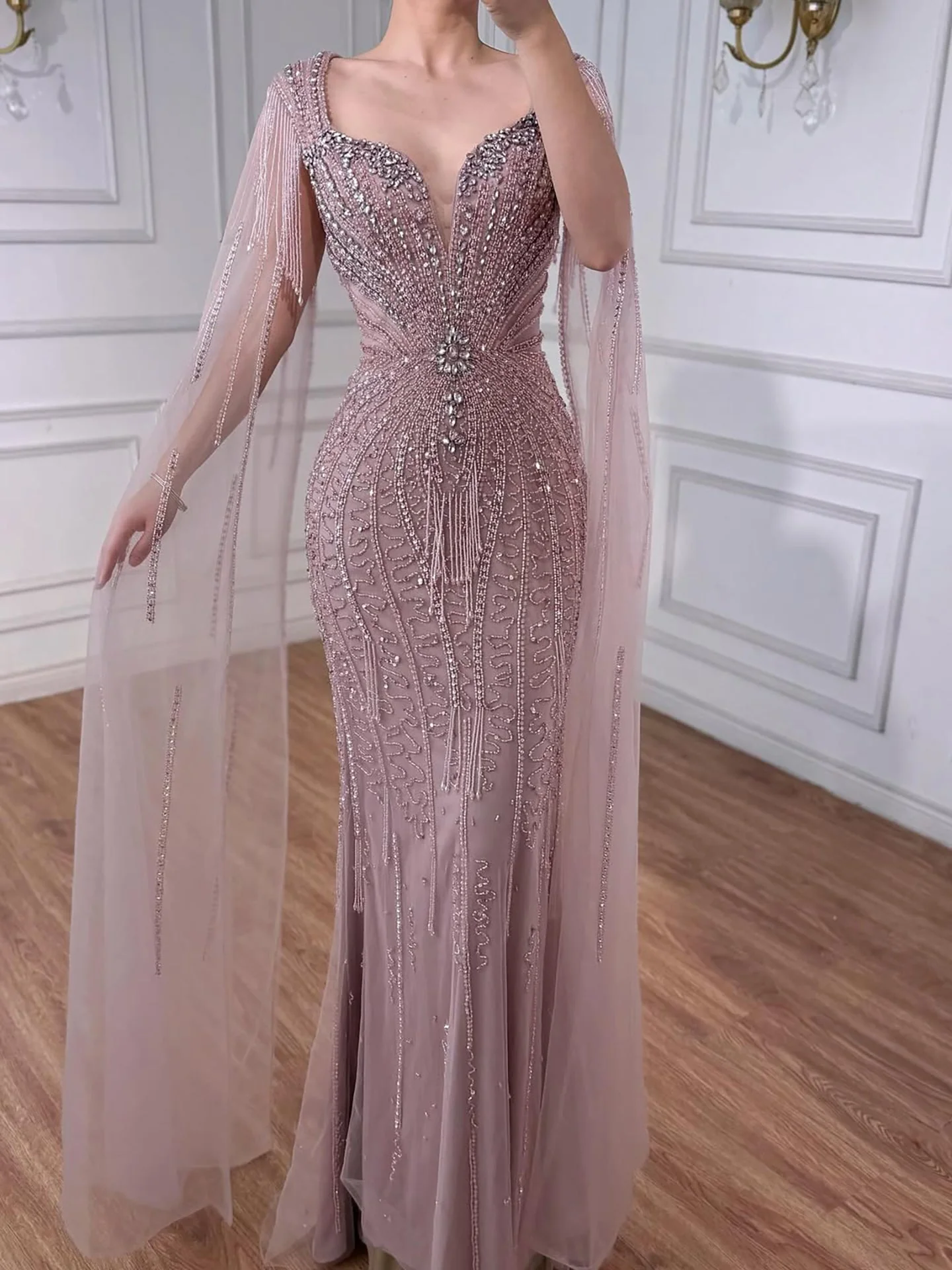 Luxury Caramel Beaded Evening Dress With Cape LA72992A - Image 29