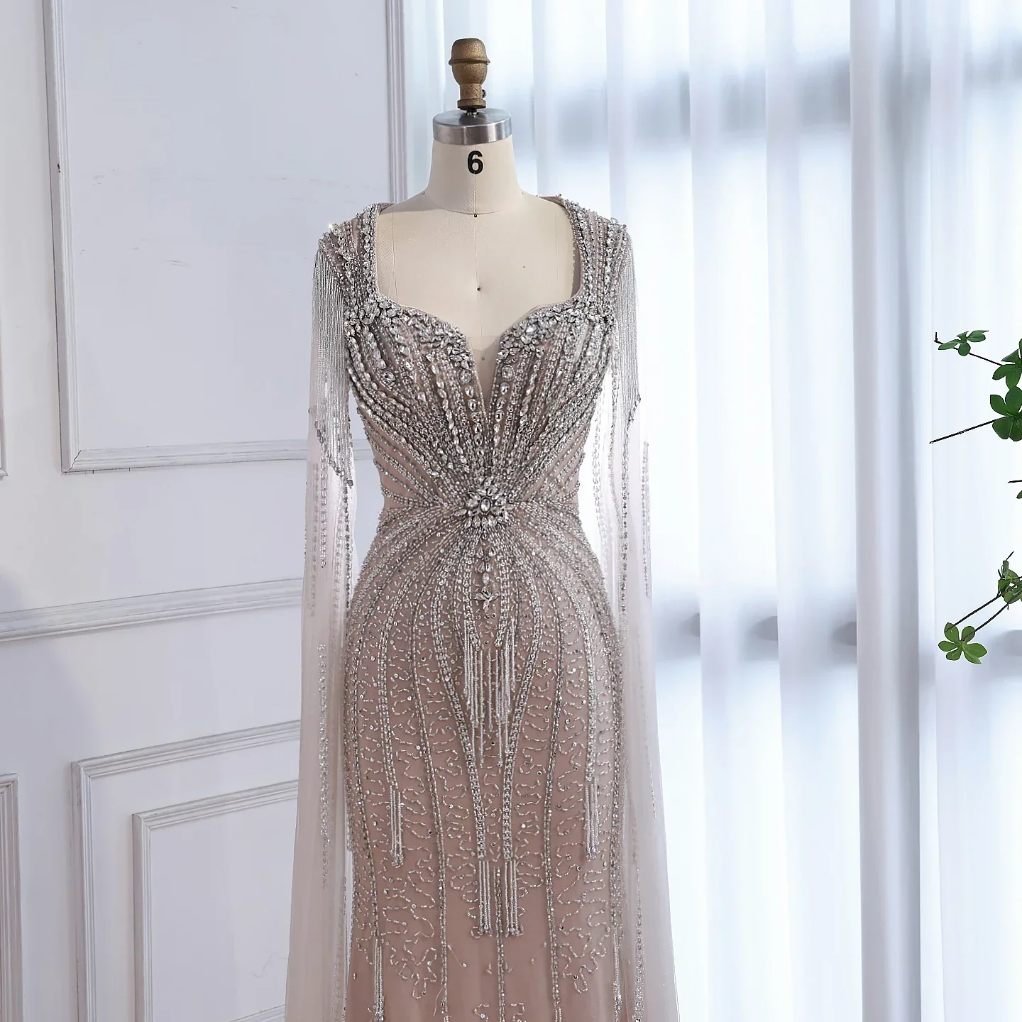 Luxury Caramel Beaded Evening Dress With Cape LA72992A - Image 3
