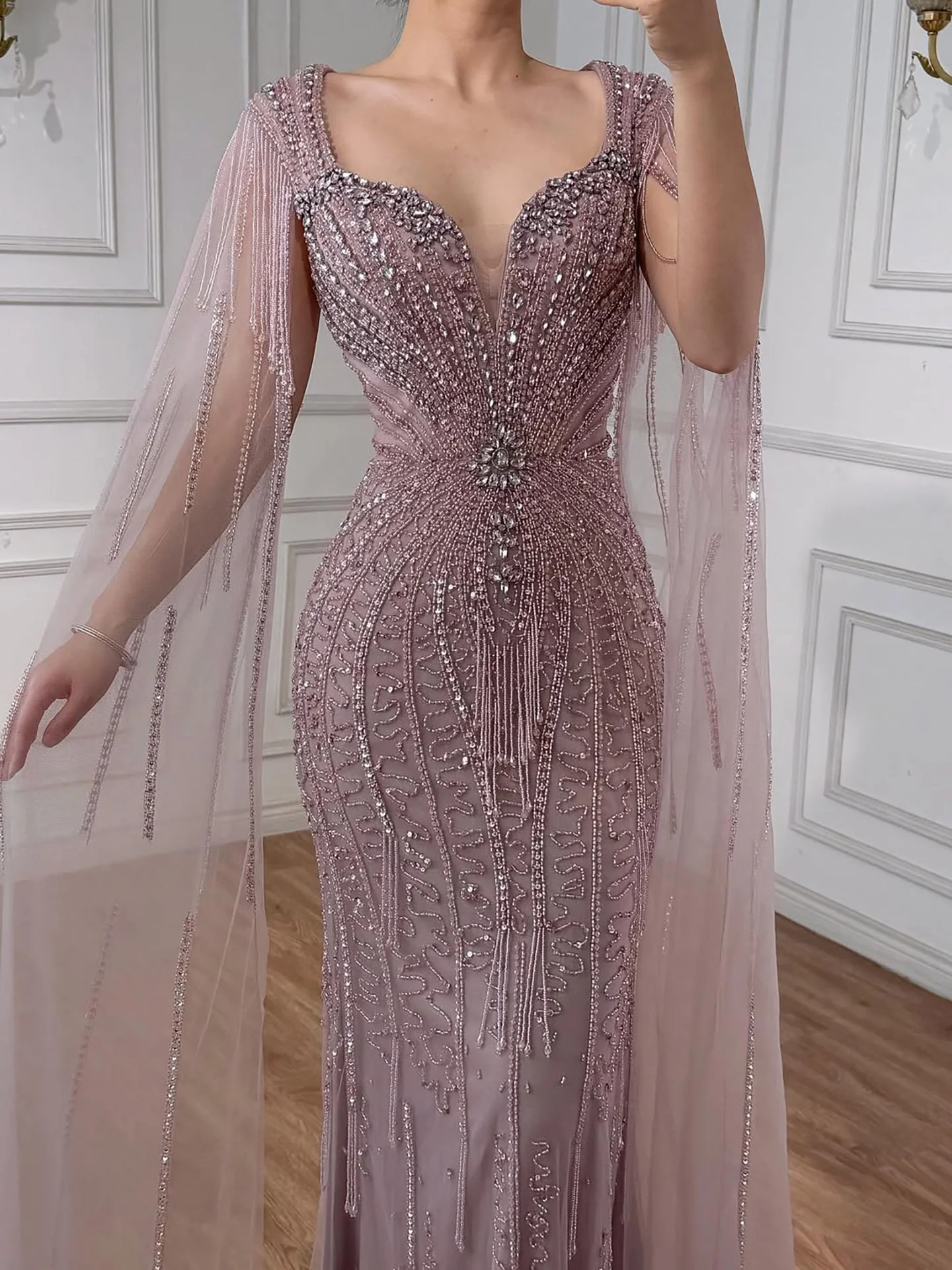 Luxury Caramel Beaded Evening Dress With Cape LA72992A - Image 30