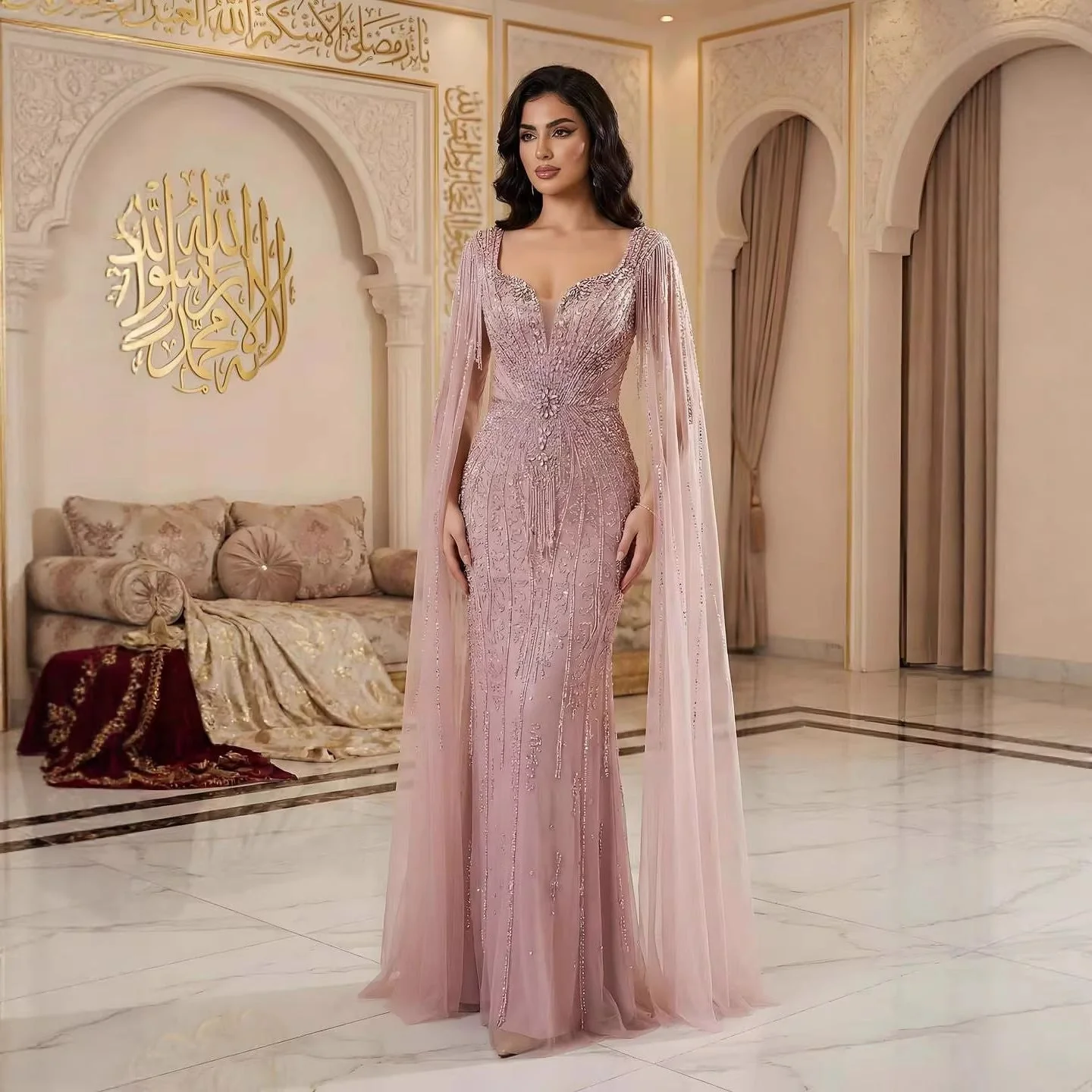 Luxury Caramel Beaded Evening Dress With Cape LA72992A - Image 6