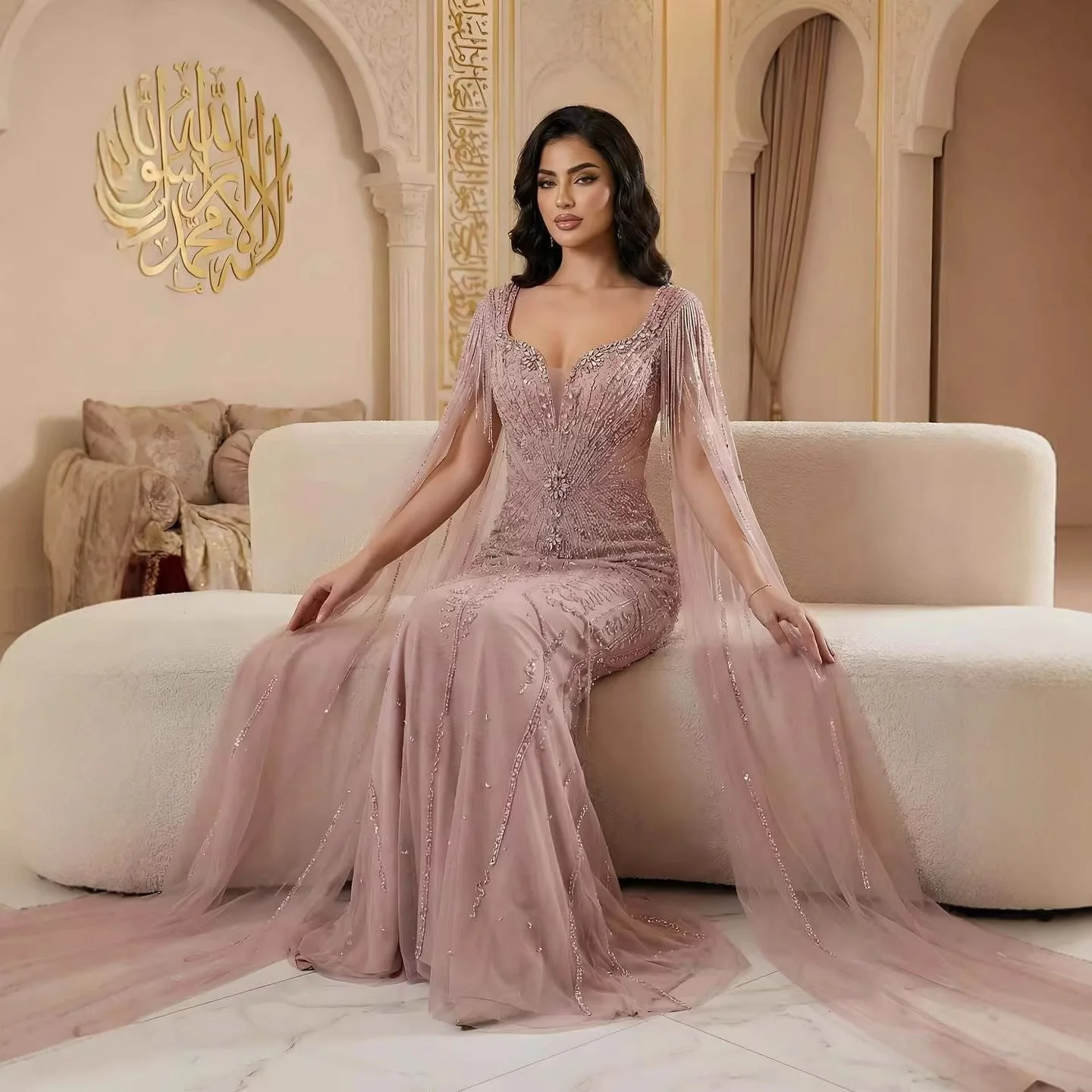 Luxury Caramel Beaded Evening Dress With Cape LA72992A - Image 7
