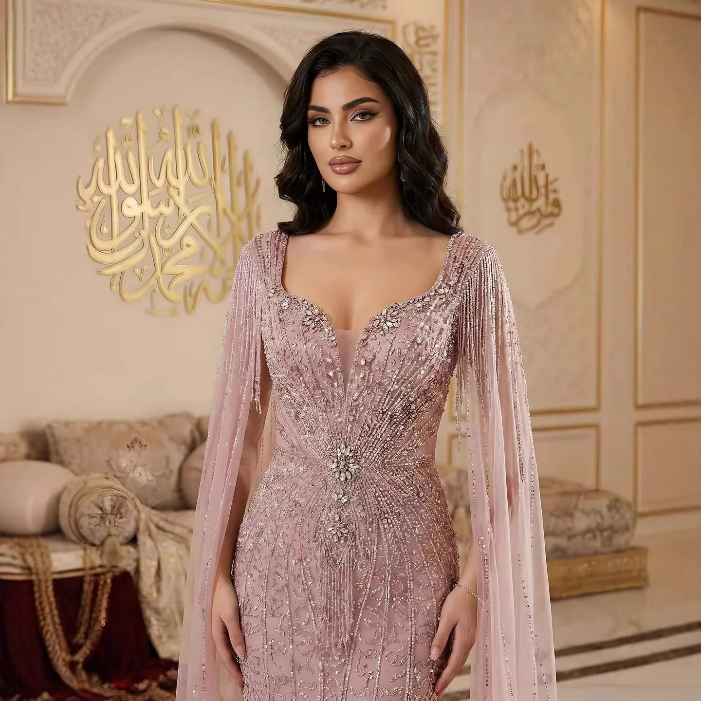 Luxury Caramel Beaded Evening Dress With Cape LA72992A - Image 8