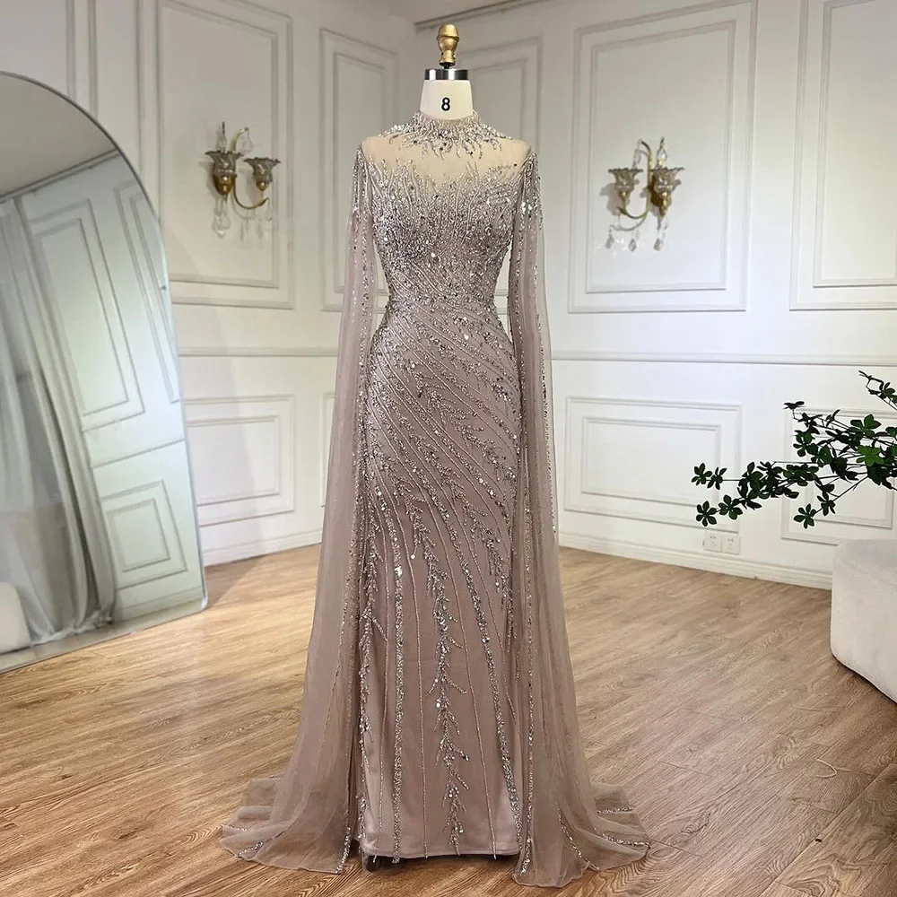Luxury Nude Mermaid Evening Dress with Cape Sleeves LA71885A - Image 8