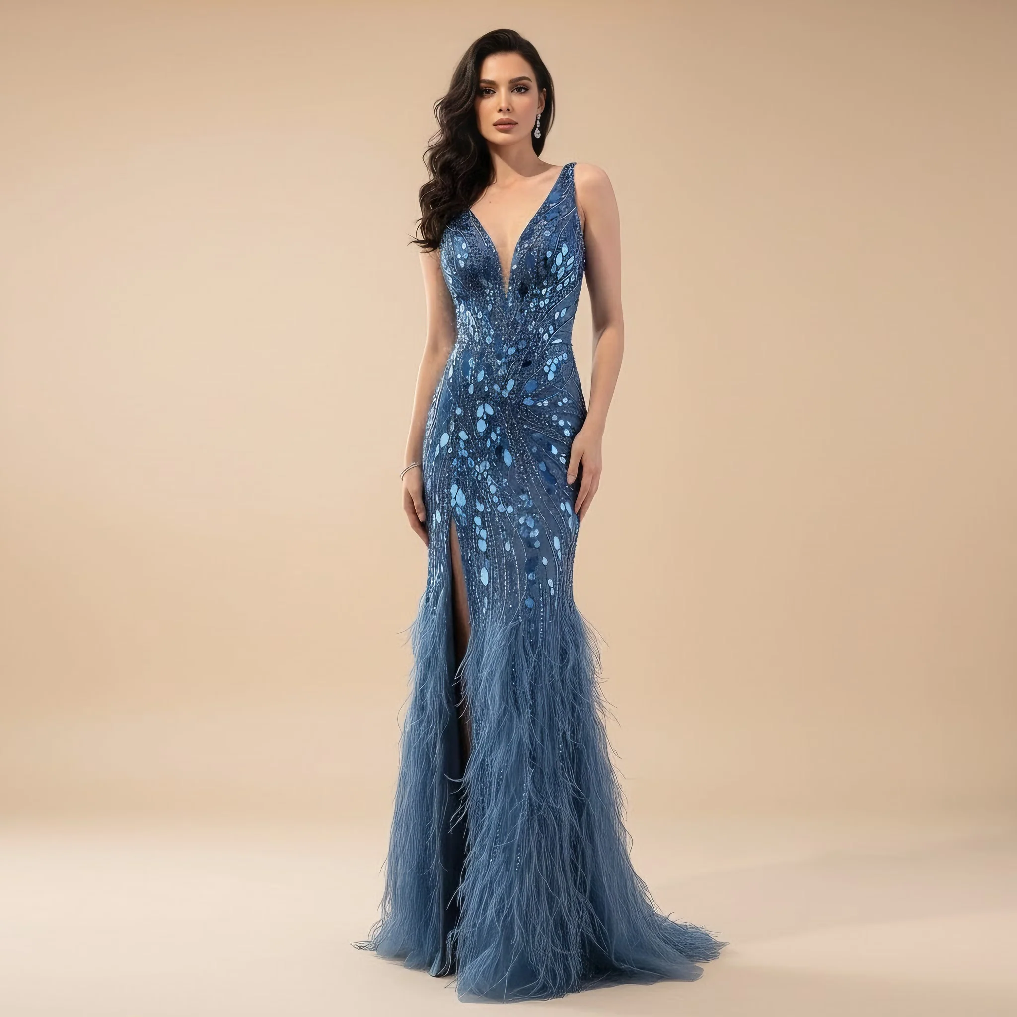 Luxury Blue Beaded Feather Mermaid Evening Dress LA73369