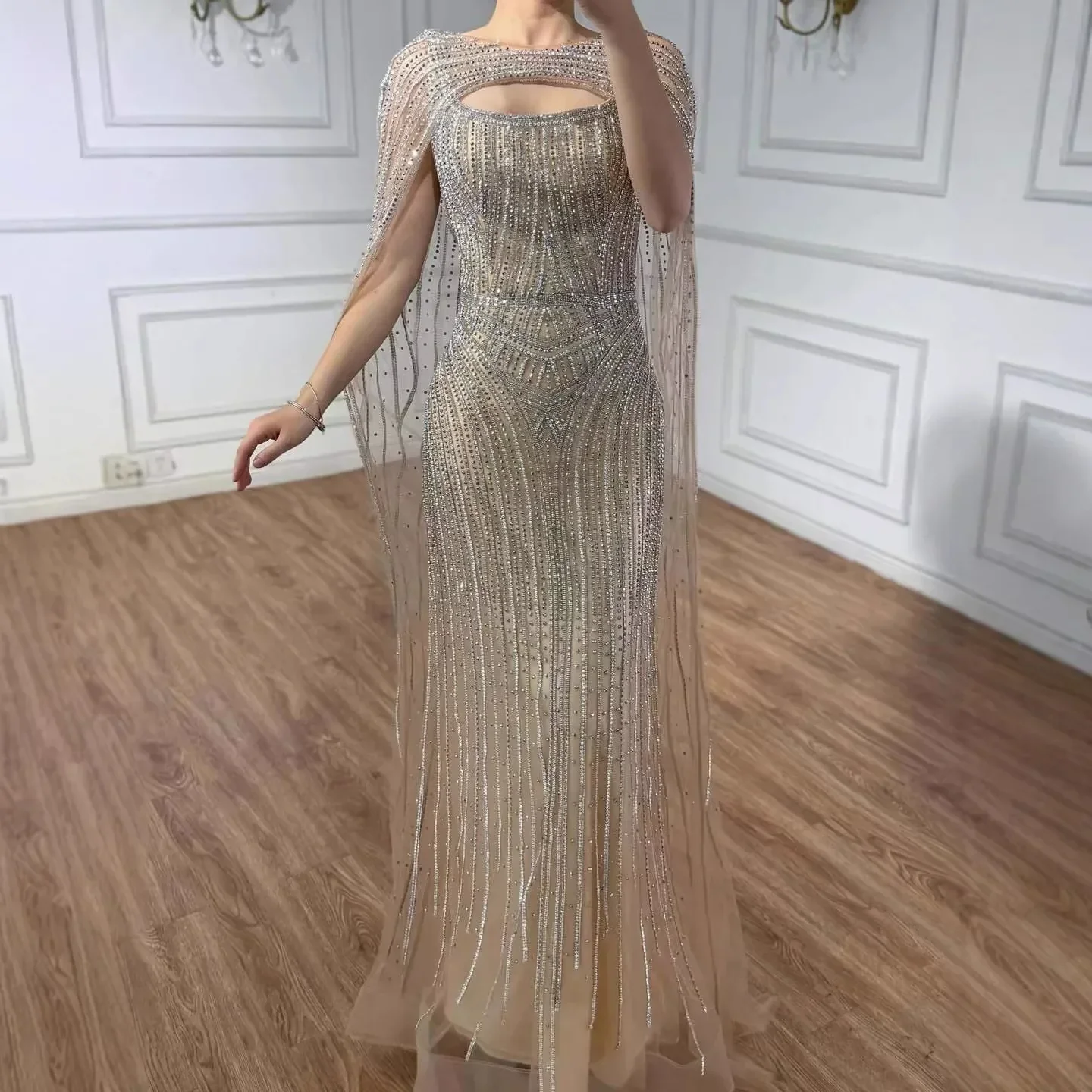 Luxury Blue Diamond Evening Dress With Cape LA73426 - Image 11