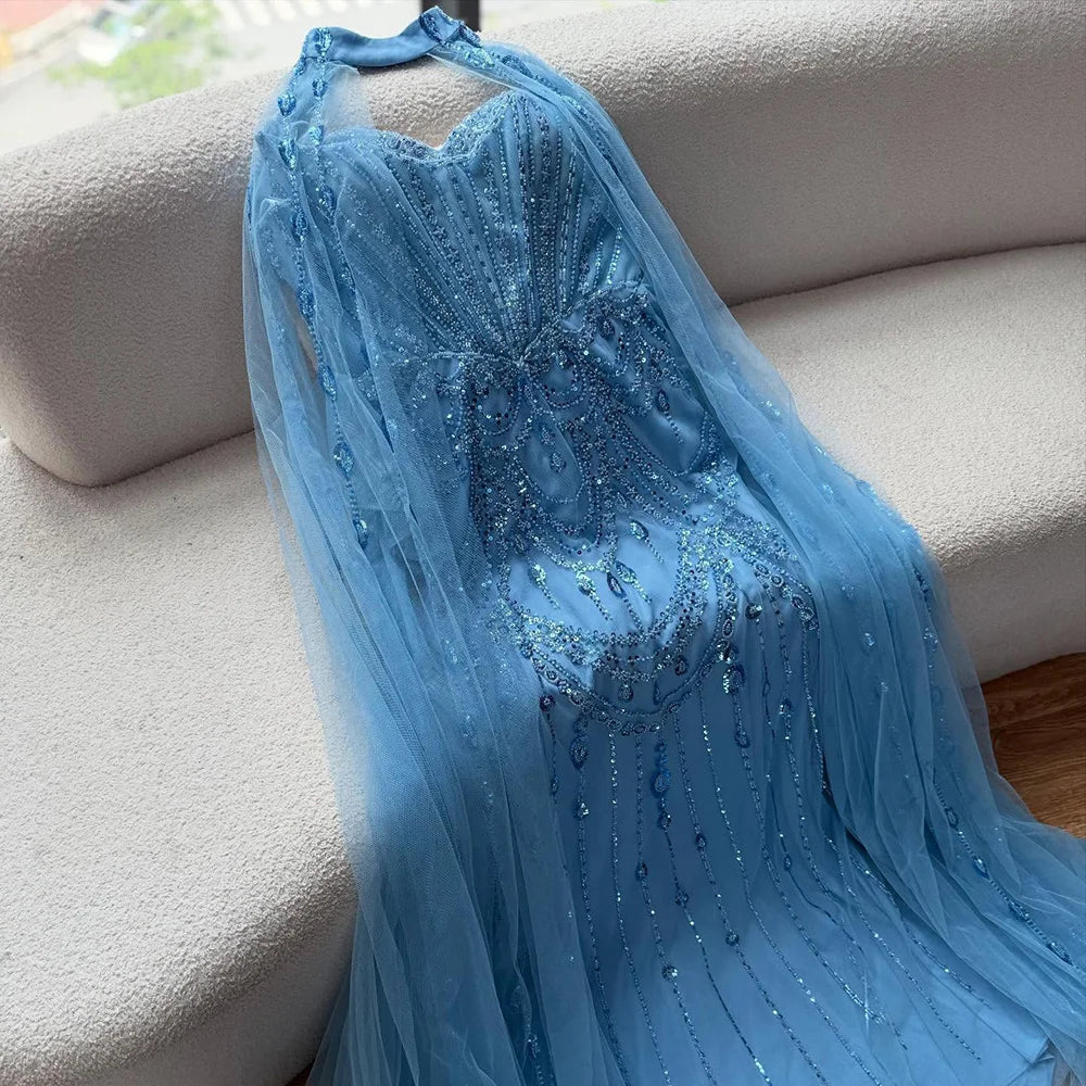 Luxury Blue Sequin Beaded Evening Dress with Cape Sleeves LA73108 - Image 5