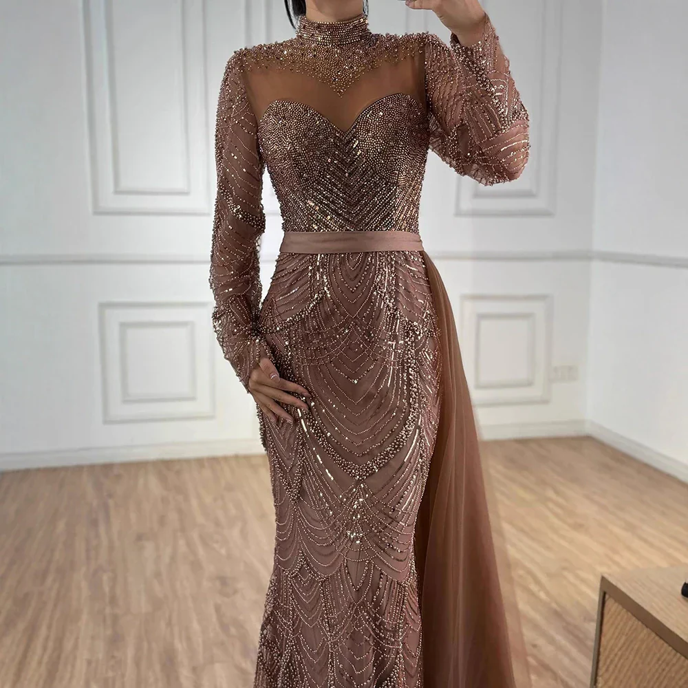 Luxury Brown Beaded Mermaid Evening Dress with Side Overskirt LA71913A - Image 5