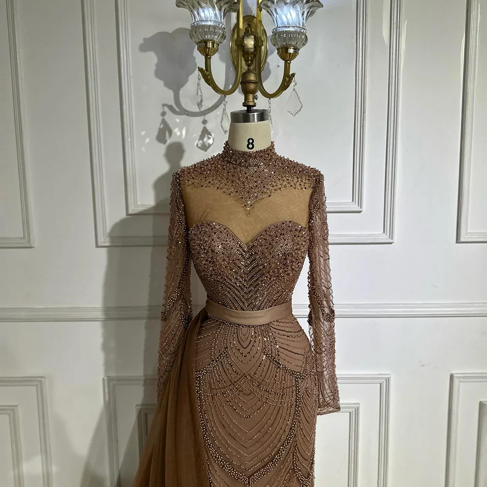 Luxury Brown Beaded Mermaid Evening Dress with Side Overskirt LA71913A - Image 9