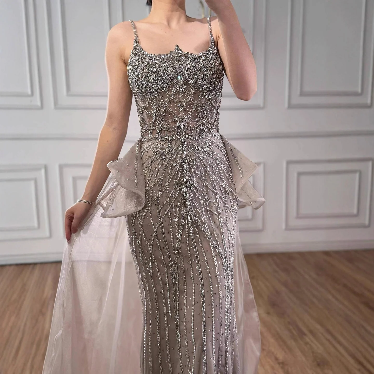 Luxury Caramel Crystal Beaded Spaghetti Strap Mermaid Evening Dress LA72810A - Image 2