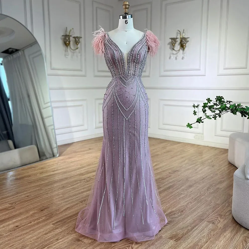 Luxury Dubai Blue Mermaid Evening Dress with Pearls and Feathers LA72578 - Image 7