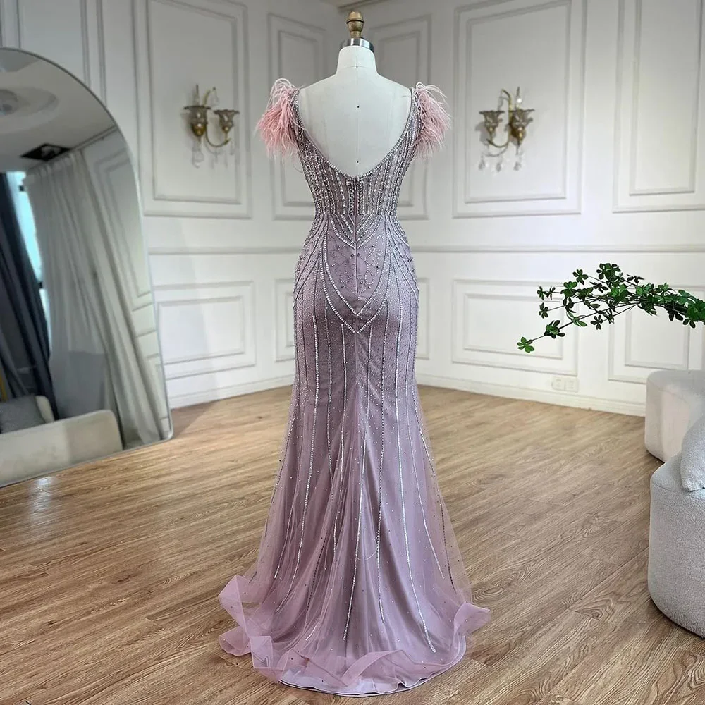 Luxury Dubai Blue Mermaid Evening Dress with Pearls and Feathers LA72578 - Image 8