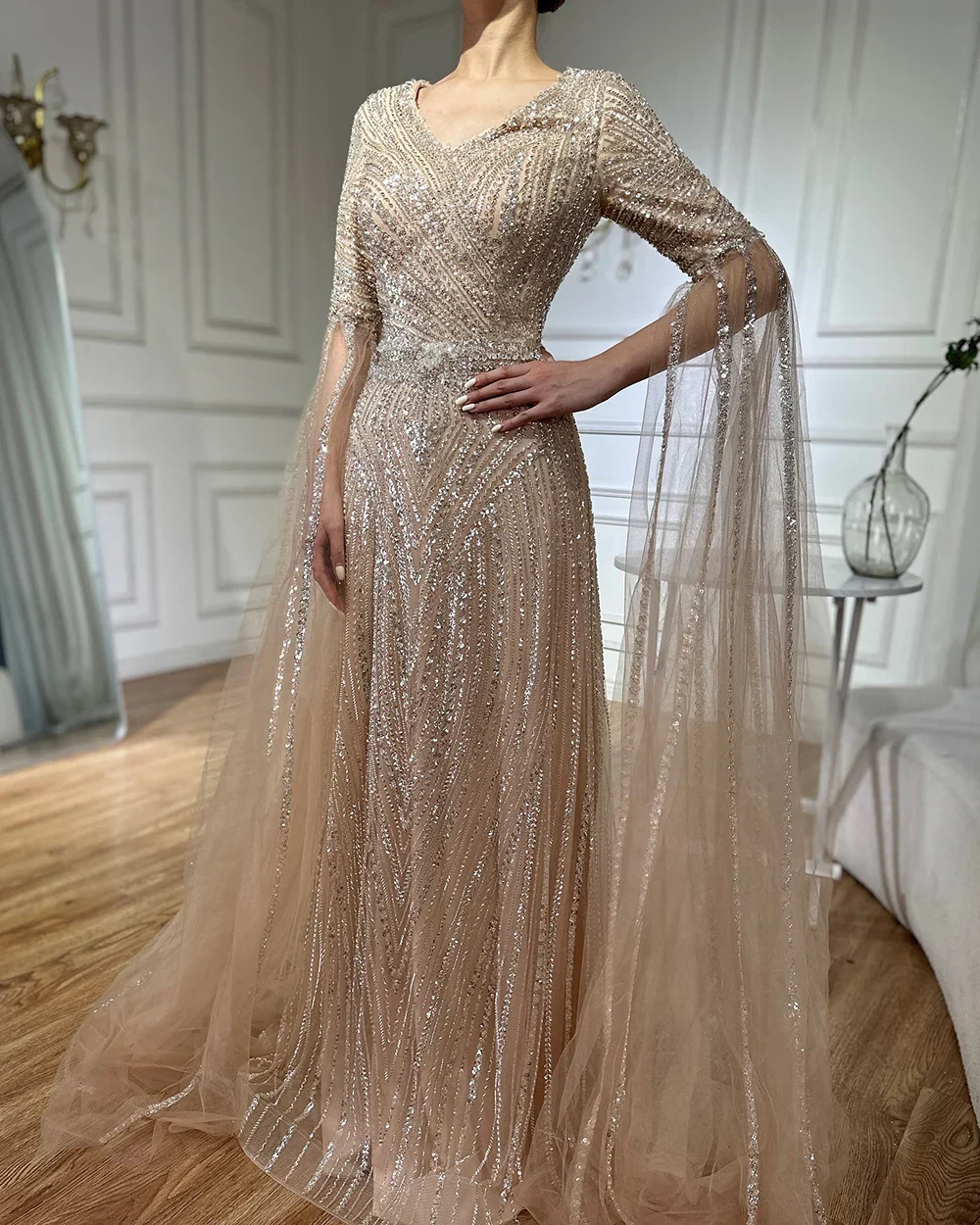 Luxury Dubai Caramel A-Line Beaded Evening Dress with Cape Sleeves LA72798 - Image 3