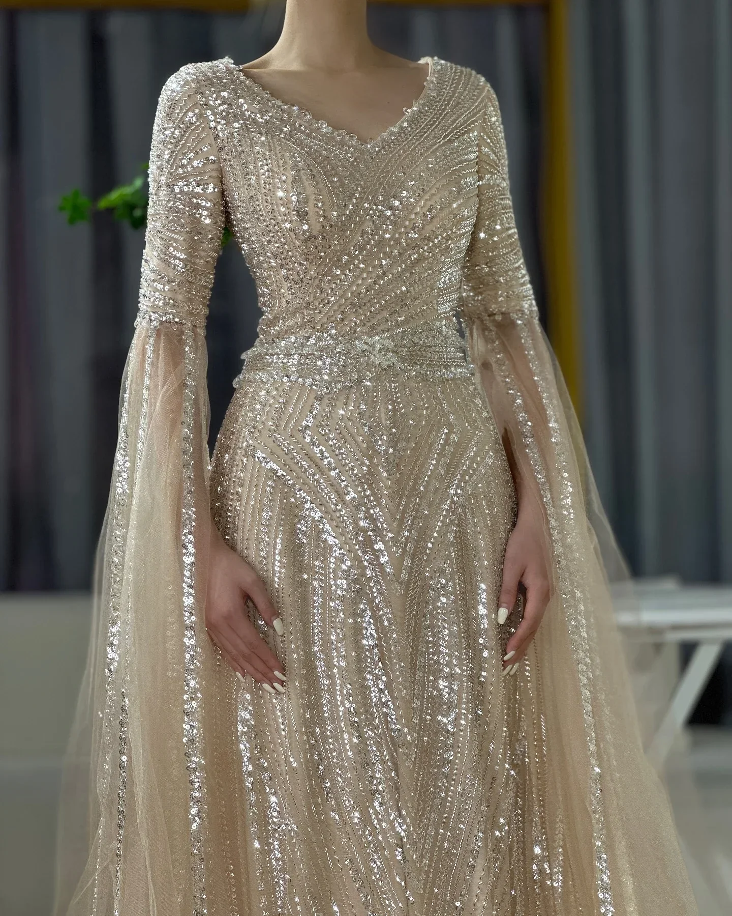Luxury Dubai Caramel A-Line Beaded Evening Dress with Cape Sleeves LA72798 - Image 4