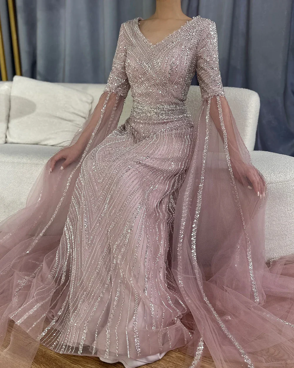 Luxury Dubai Caramel A-Line Beaded Evening Dress with Cape Sleeves LA72798 - Image 6