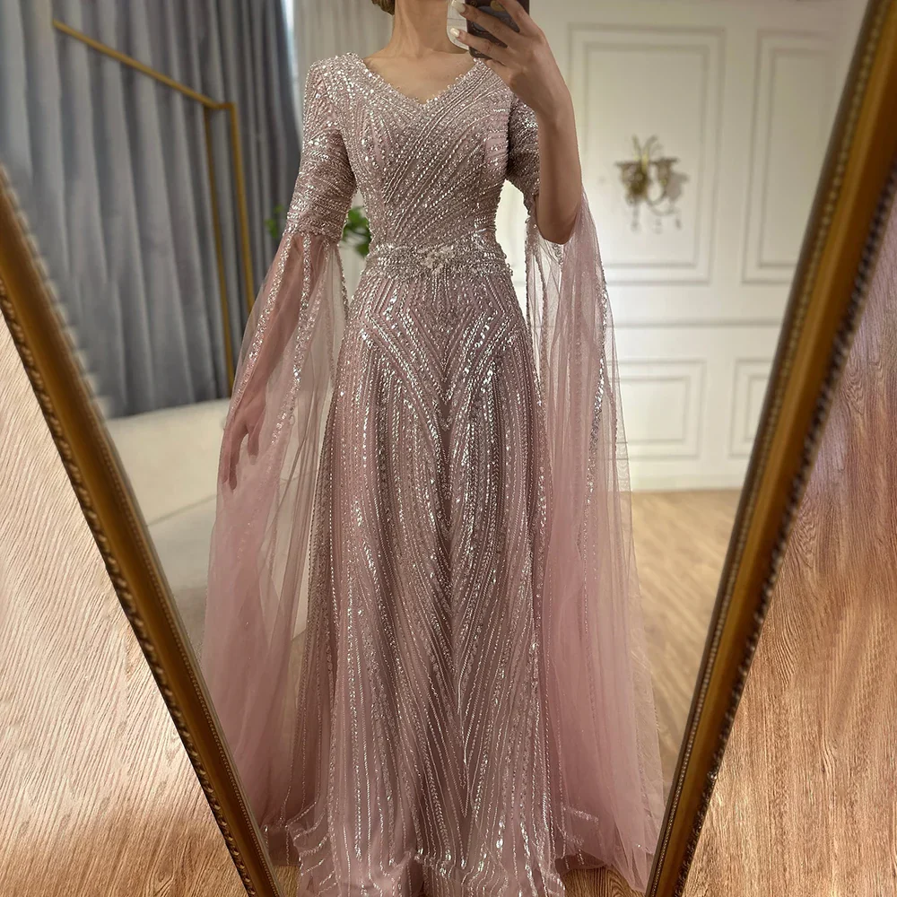 Luxury Dubai Caramel A-Line Beaded Evening Dress with Cape Sleeves LA72798 - Image 8