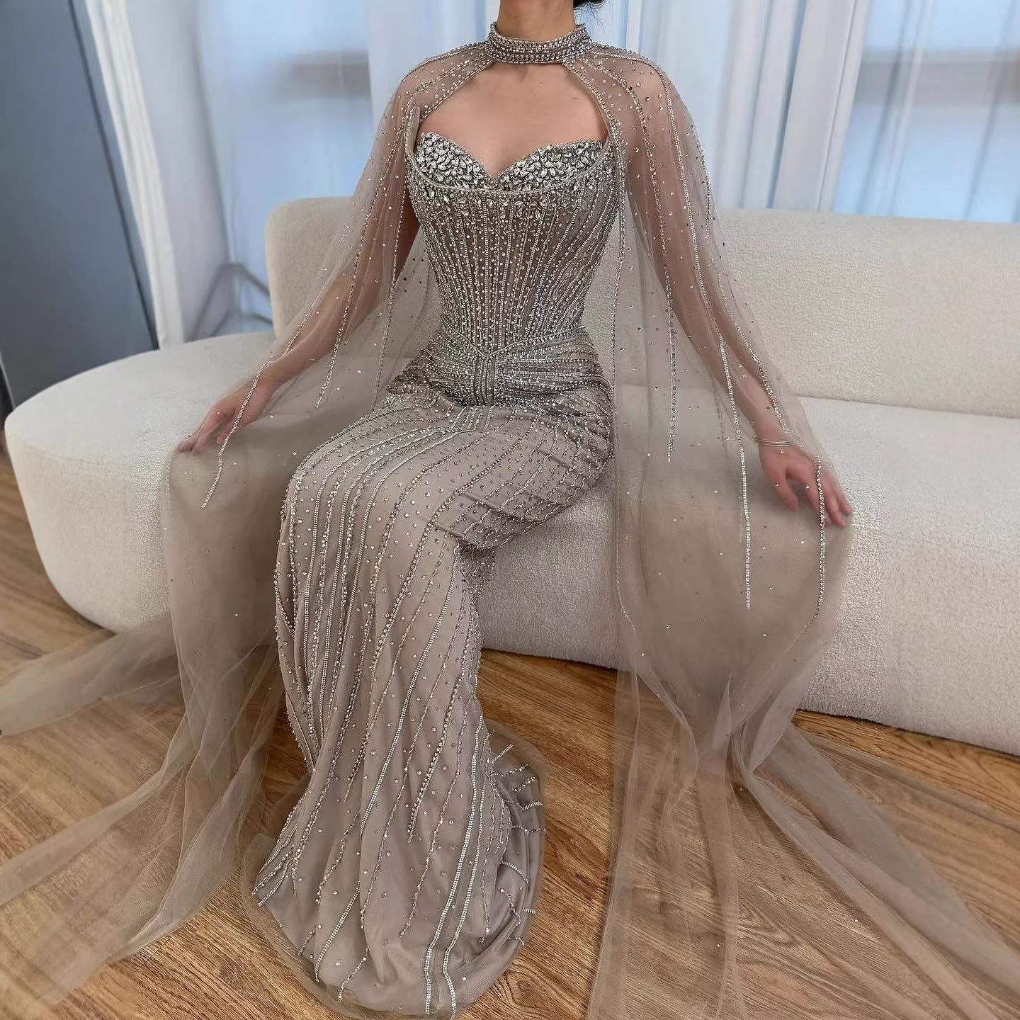 Luxury Dubai Caramel Beaded Evening Dress With Cape LA72811C - Image 10