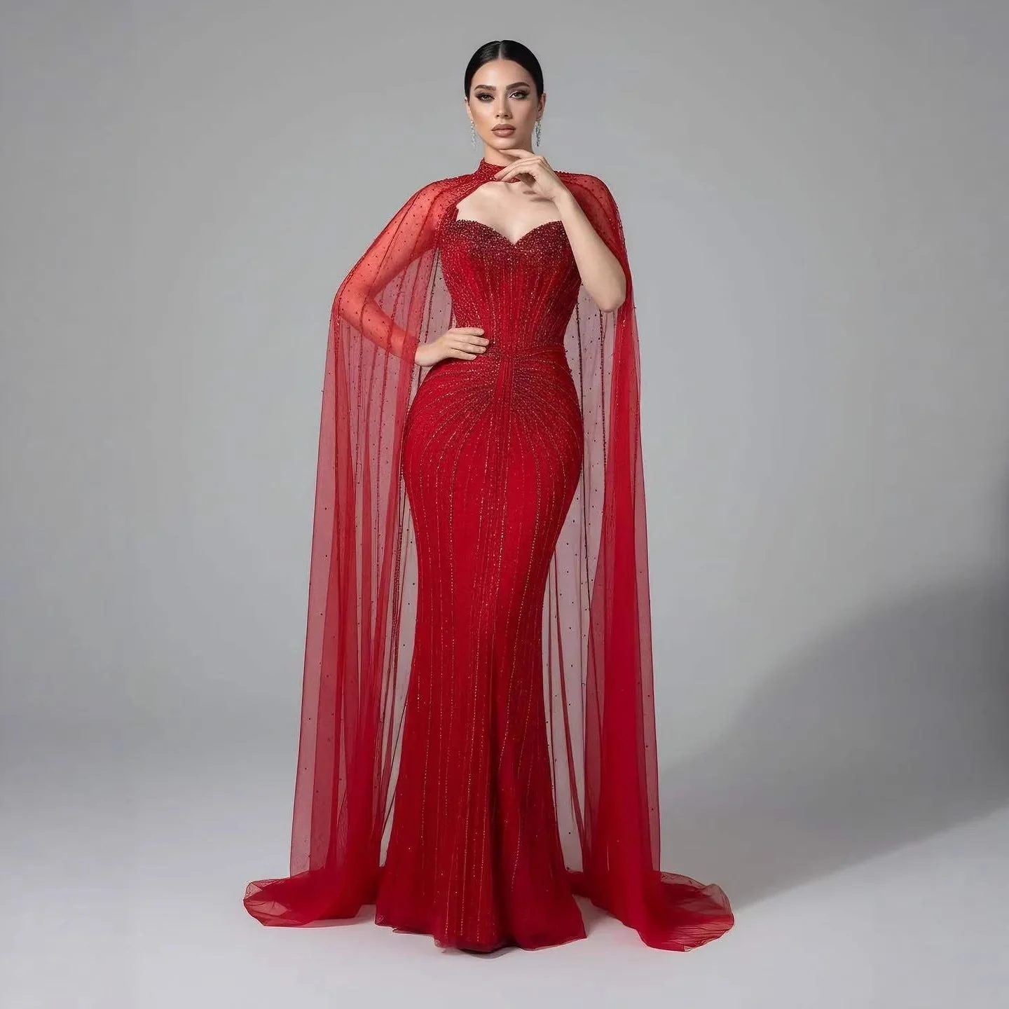 Luxury Dubai Caramel Beaded Evening Dress With Cape LA72811C - Image 11