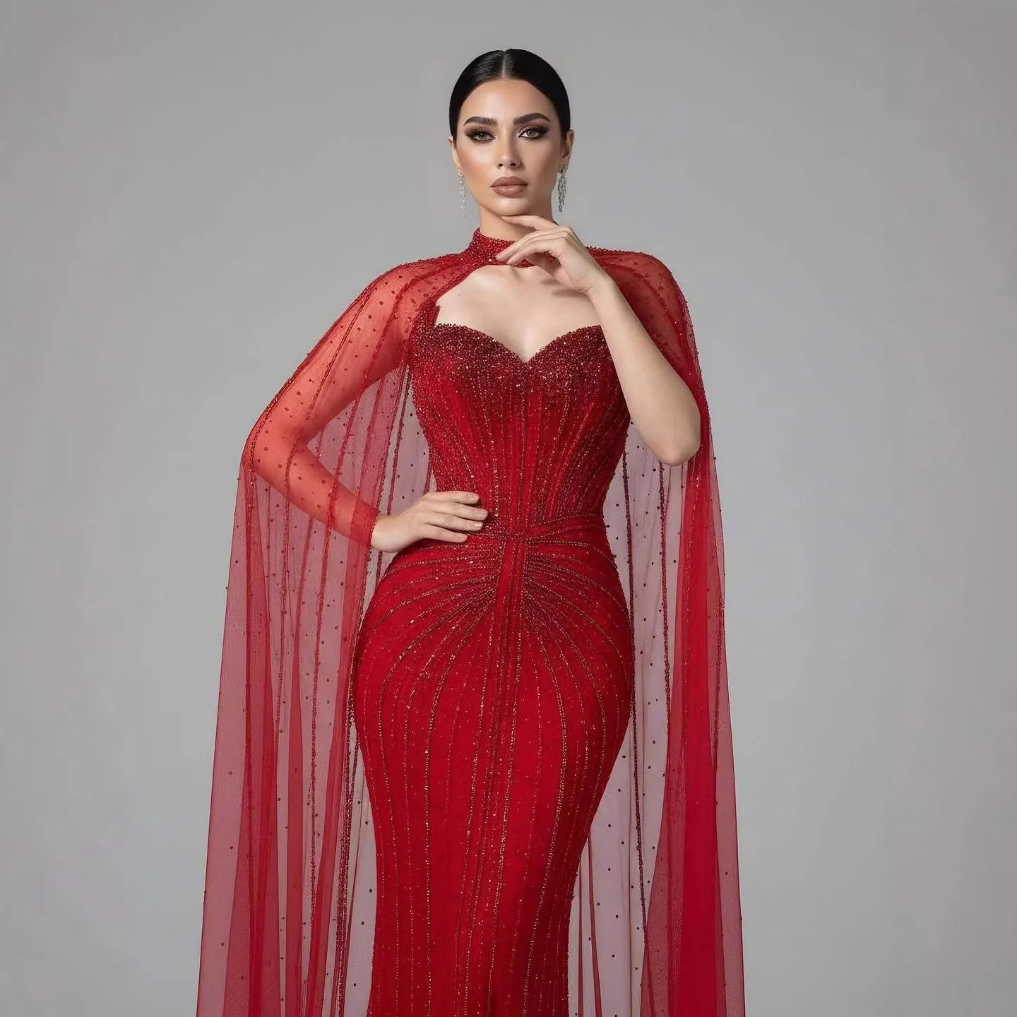Luxury Dubai Caramel Beaded Evening Dress With Cape LA72811C - Image 12
