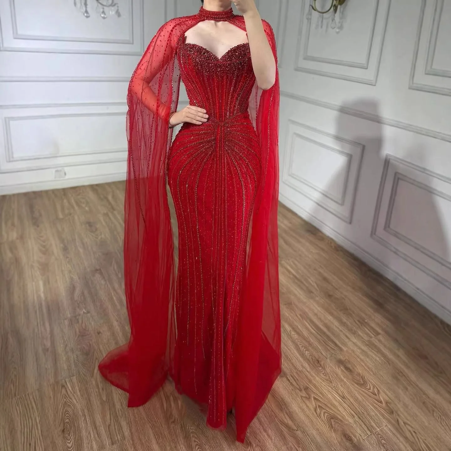 Luxury Dubai Caramel Beaded Evening Dress With Cape LA72811C - Image 14
