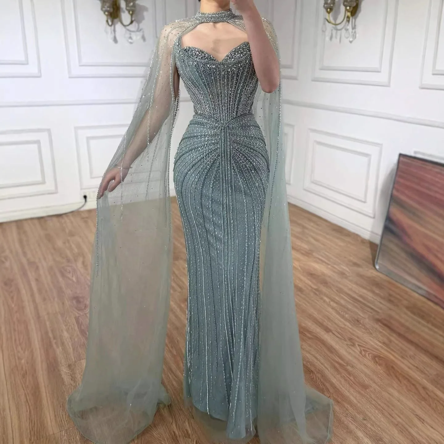 Luxury Dubai Caramel Beaded Evening Dress With Cape LA72811C - Image 16