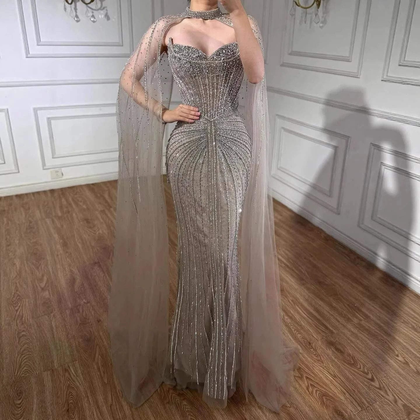 Luxury Dubai Caramel Beaded Evening Dress With Cape LA72811C - Image 2