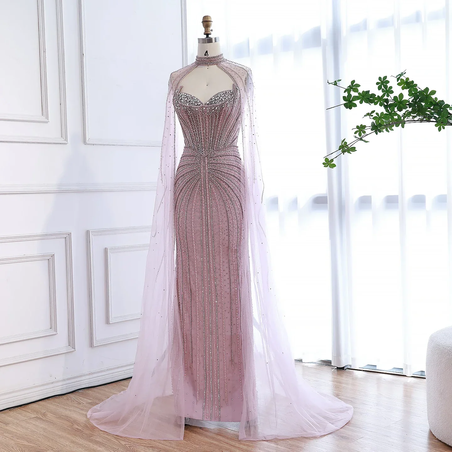 Luxury Dubai Caramel Beaded Evening Dress With Cape LA72811C - Image 20