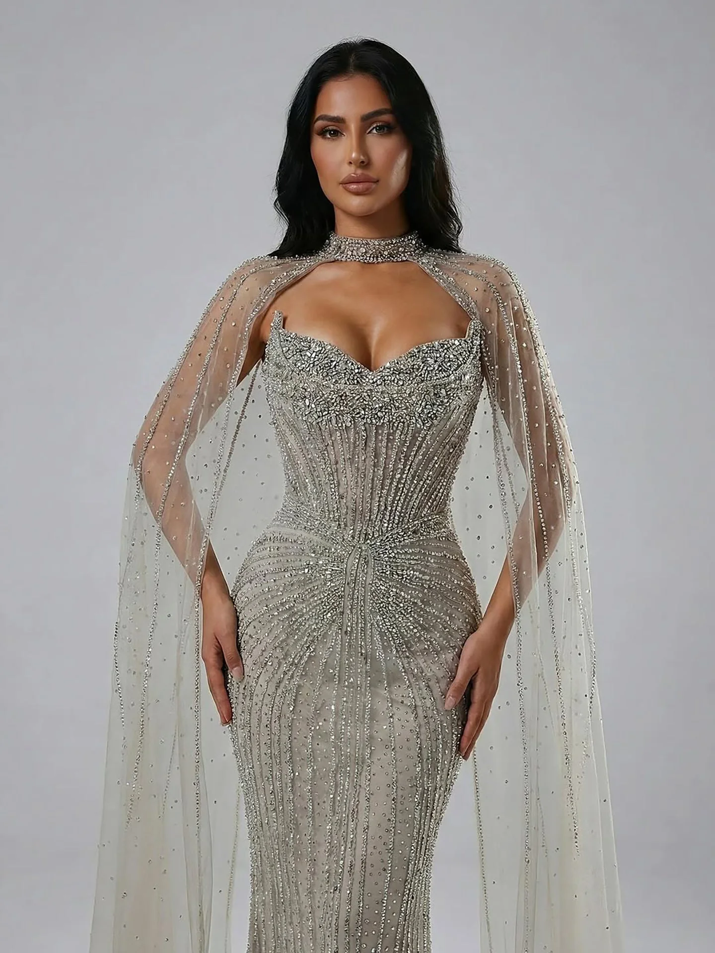 Luxury Dubai Caramel Beaded Evening Dress With Cape LA72811C - Image 26
