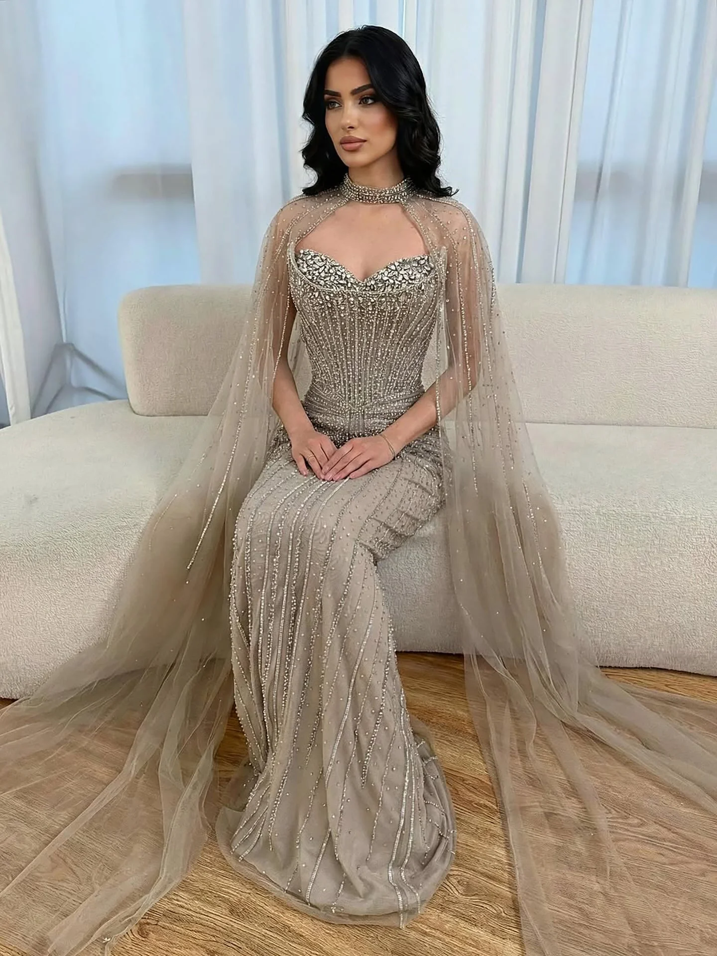 Luxury Dubai Caramel Beaded Evening Dress With Cape LA72811C - Image 27