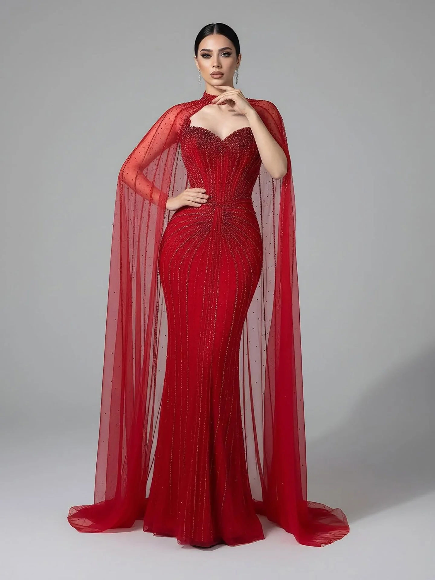 Luxury Dubai Caramel Beaded Evening Dress With Cape LA72811C - Image 28