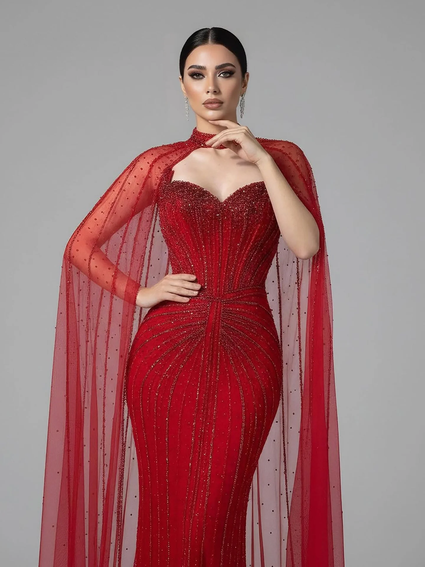 Luxury Dubai Caramel Beaded Evening Dress With Cape LA72811C - Image 29