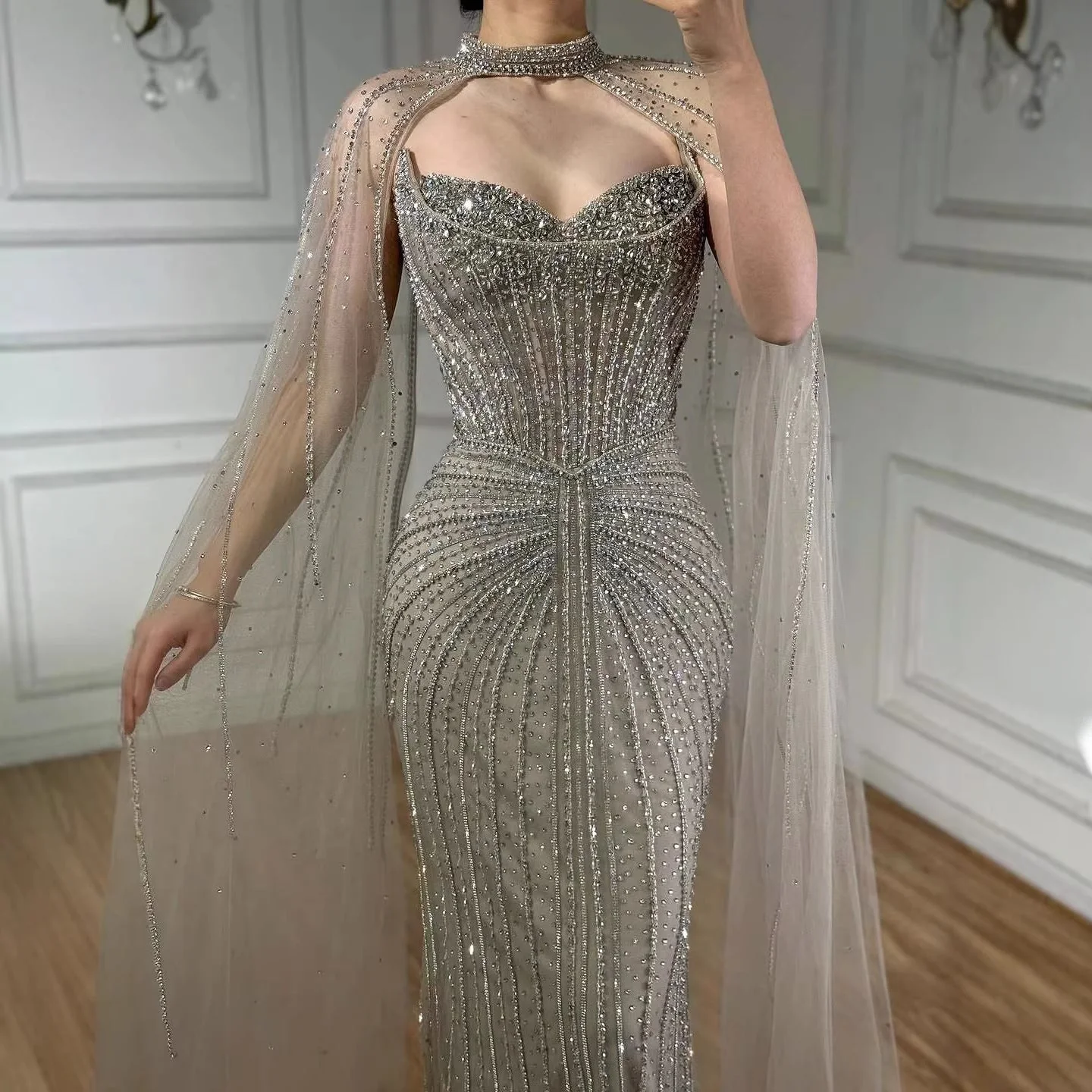 Luxury Dubai Caramel Beaded Evening Dress With Cape LA72811C - Image 3