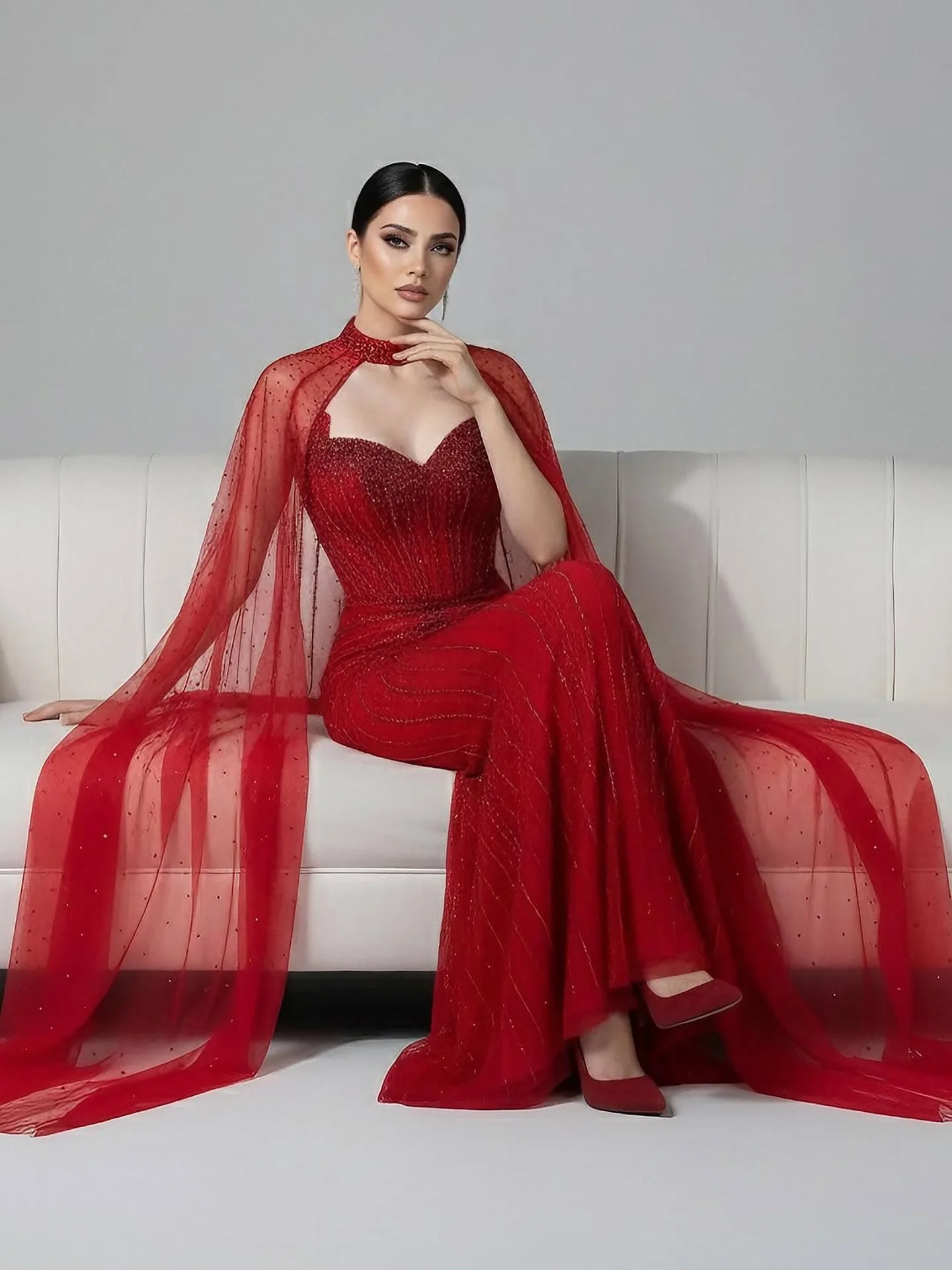Luxury Dubai Caramel Beaded Evening Dress With Cape LA72811C - Image 30
