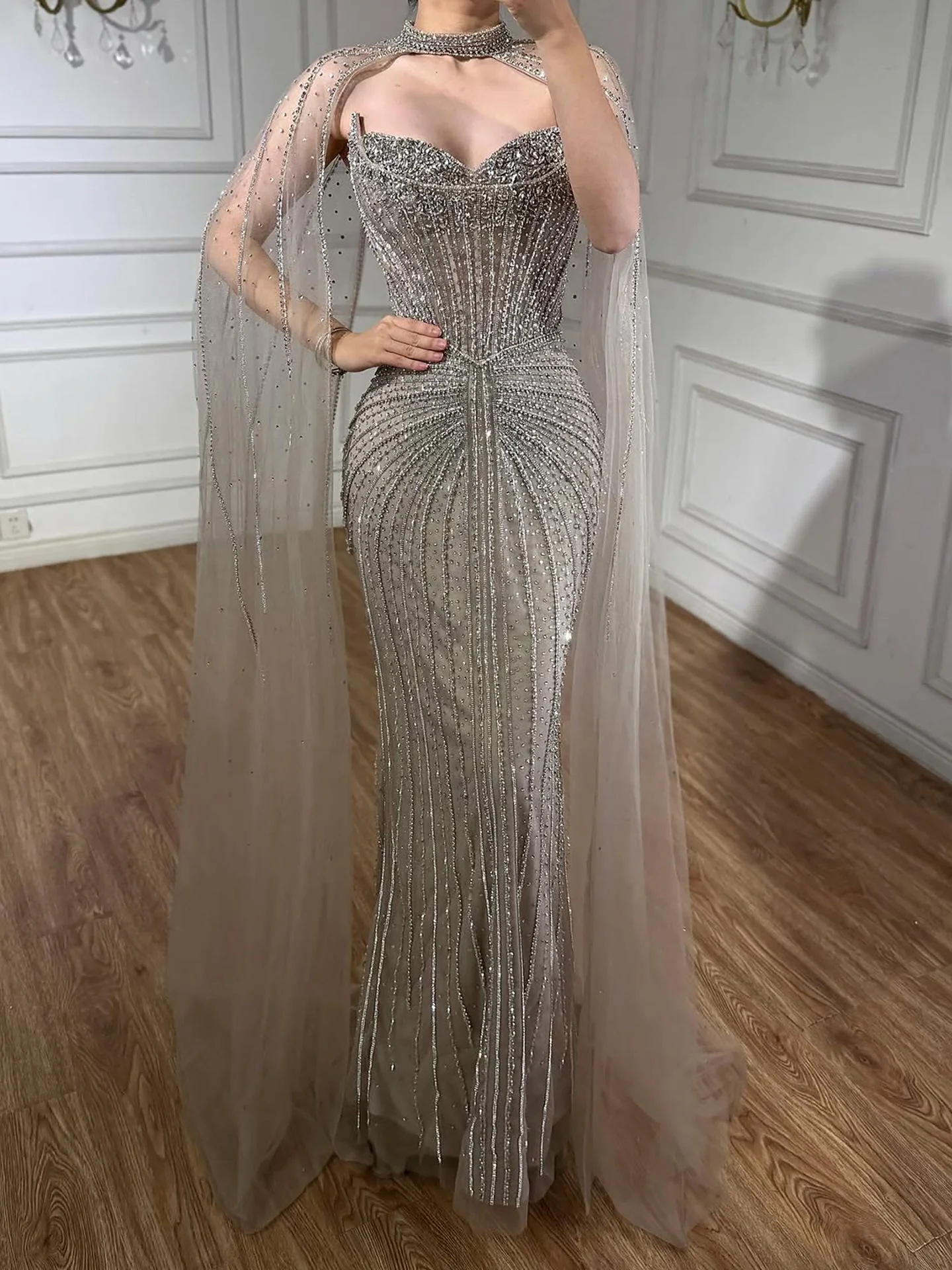 Luxury Dubai Caramel Beaded Evening Dress With Cape LA72811C - Image 31