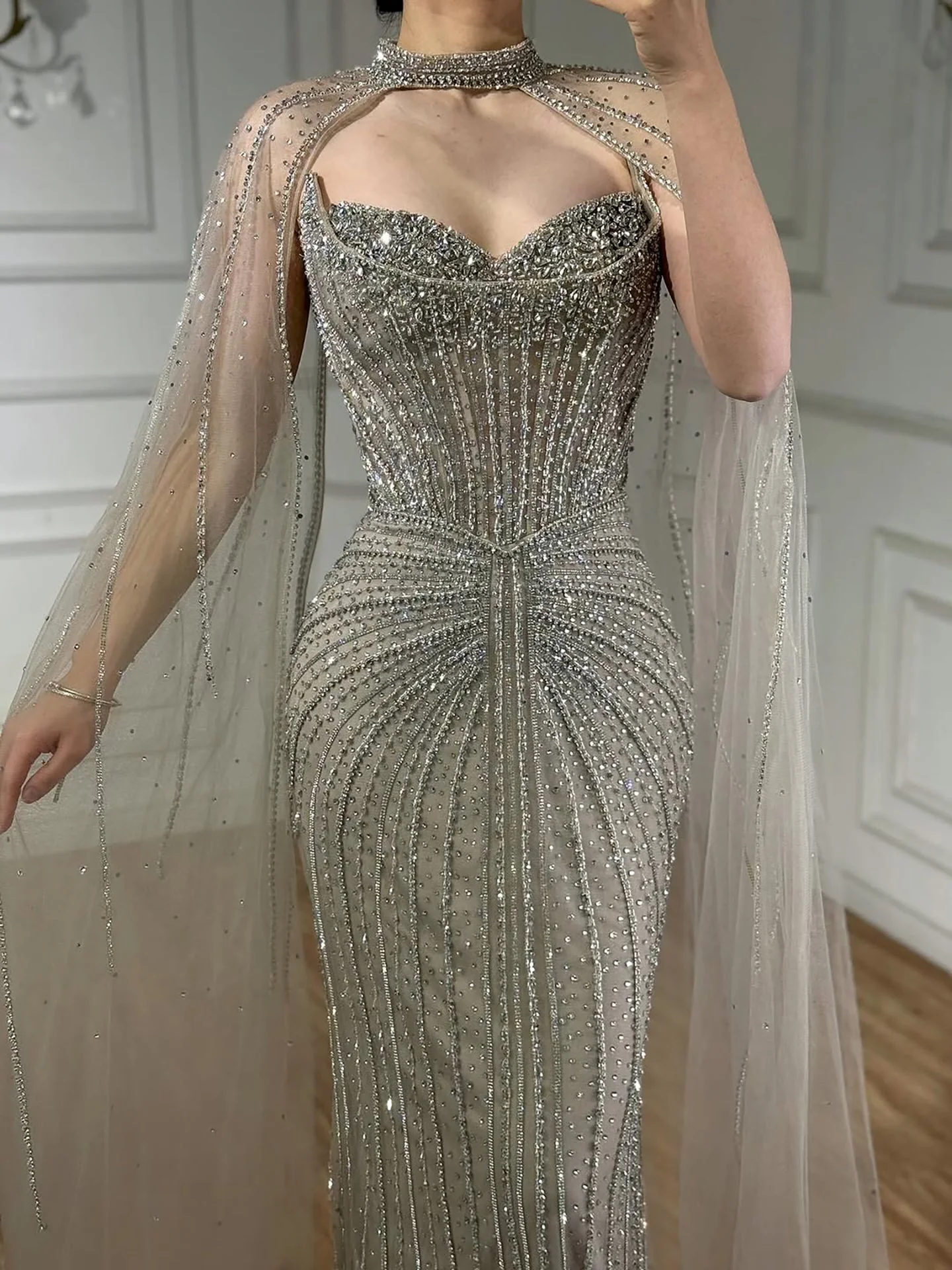 Luxury Dubai Caramel Beaded Evening Dress With Cape LA72811C - Image 32
