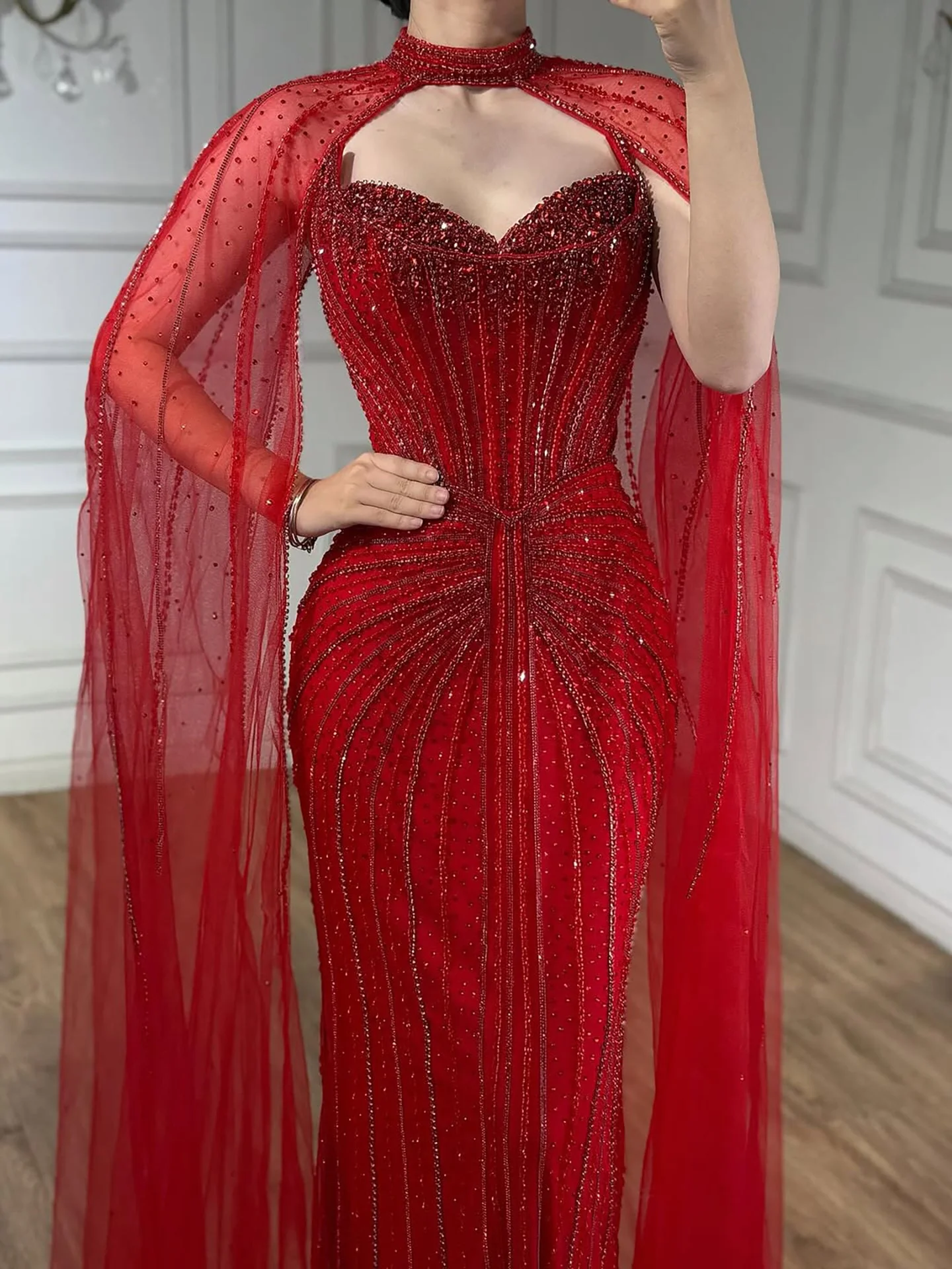 Luxury Dubai Caramel Beaded Evening Dress With Cape LA72811C - Image 35