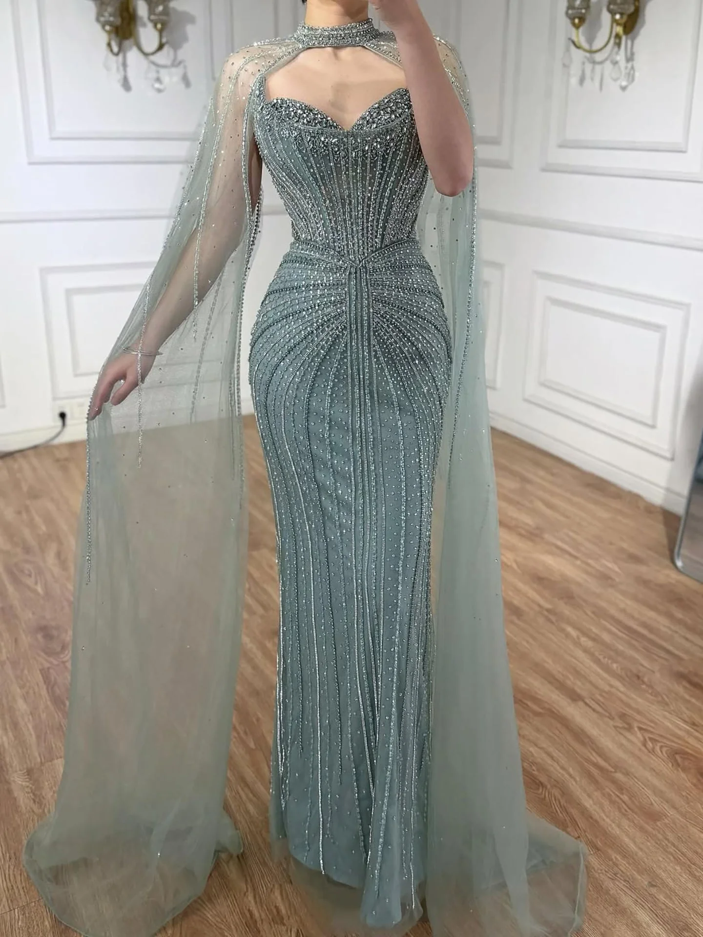 Luxury Dubai Caramel Beaded Evening Dress With Cape LA72811C - Image 36