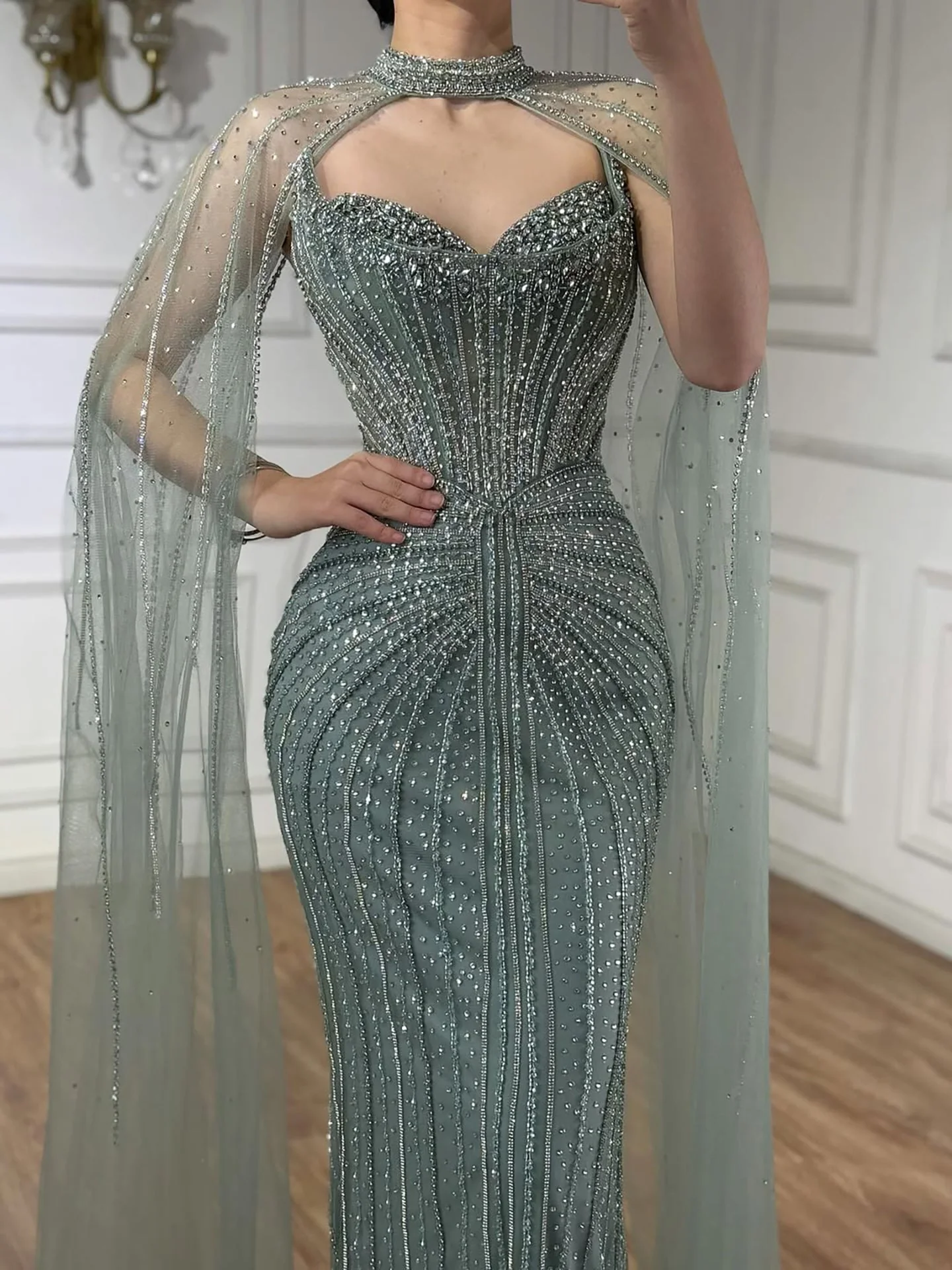 Luxury Dubai Caramel Beaded Evening Dress With Cape LA72811C - Image 37