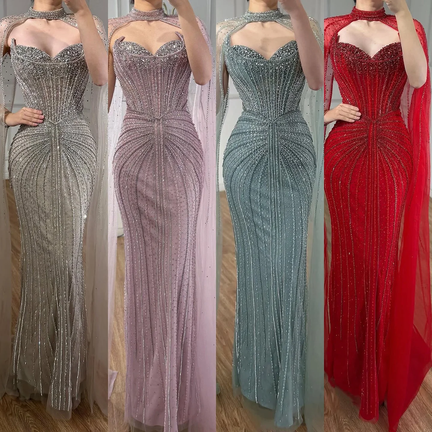 Luxury Dubai Caramel Beaded Evening Dress With Cape LA72811C - Image 6