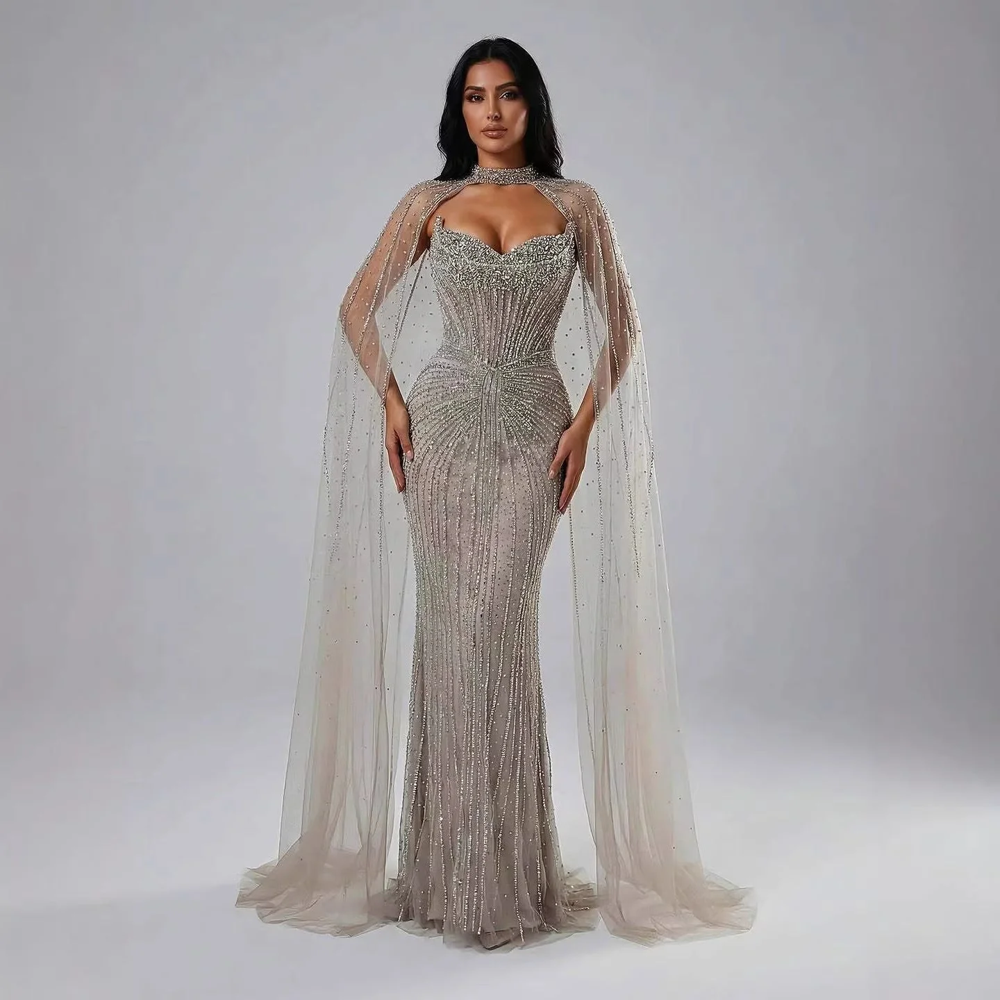 Luxury Dubai Caramel Beaded Evening Dress With Cape LA72811C - Image 7