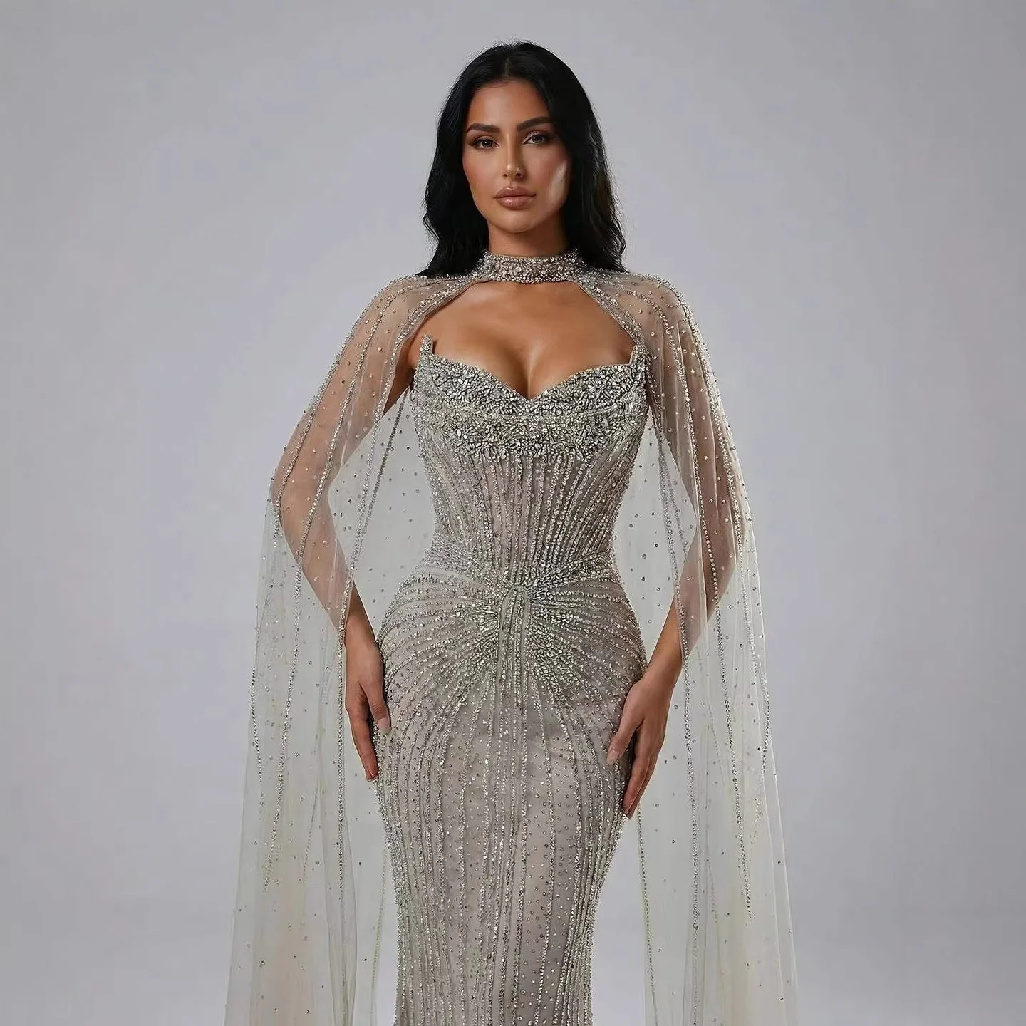 Luxury Dubai Caramel Beaded Evening Dress With Cape LA72811C - Image 8