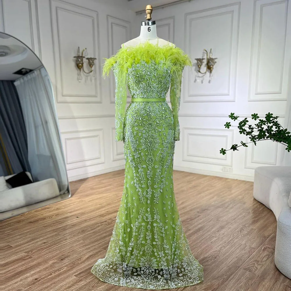 Luxury Dubai Green Long Sleeves Feathers Beaded Evening Dress LA72553 - Image 7