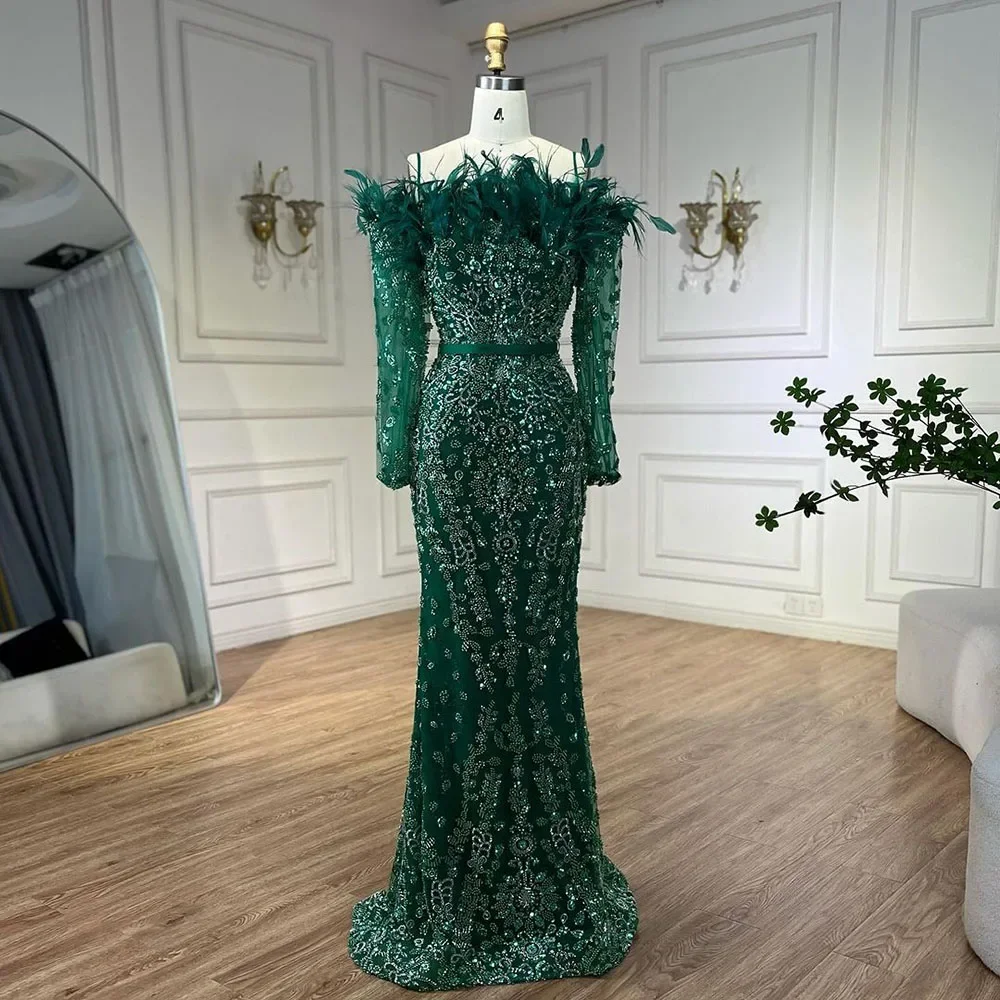 Luxury Dubai Green Long Sleeves Feathers Beaded Evening Dress LA72553 - Image 9
