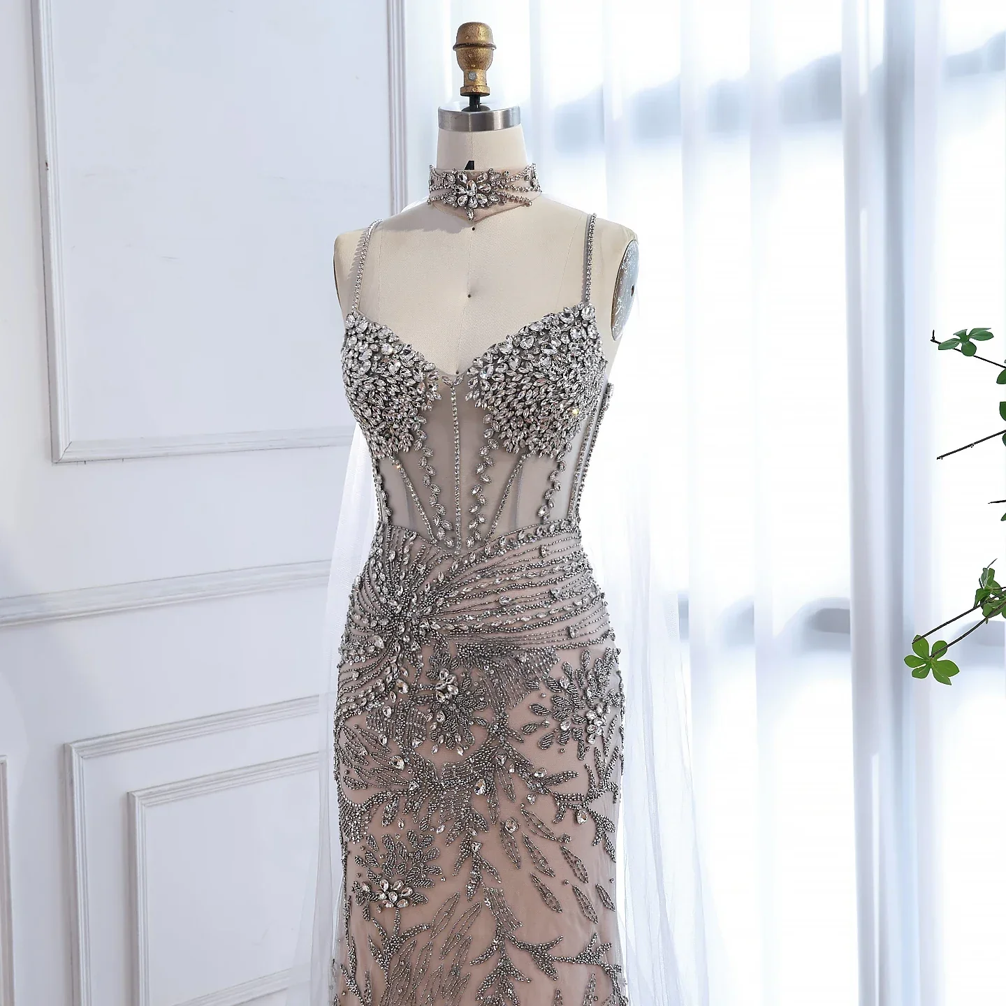 Luxury Evening Dress Grey Beaded With Cape Prom Gown LA73342 - Image 11