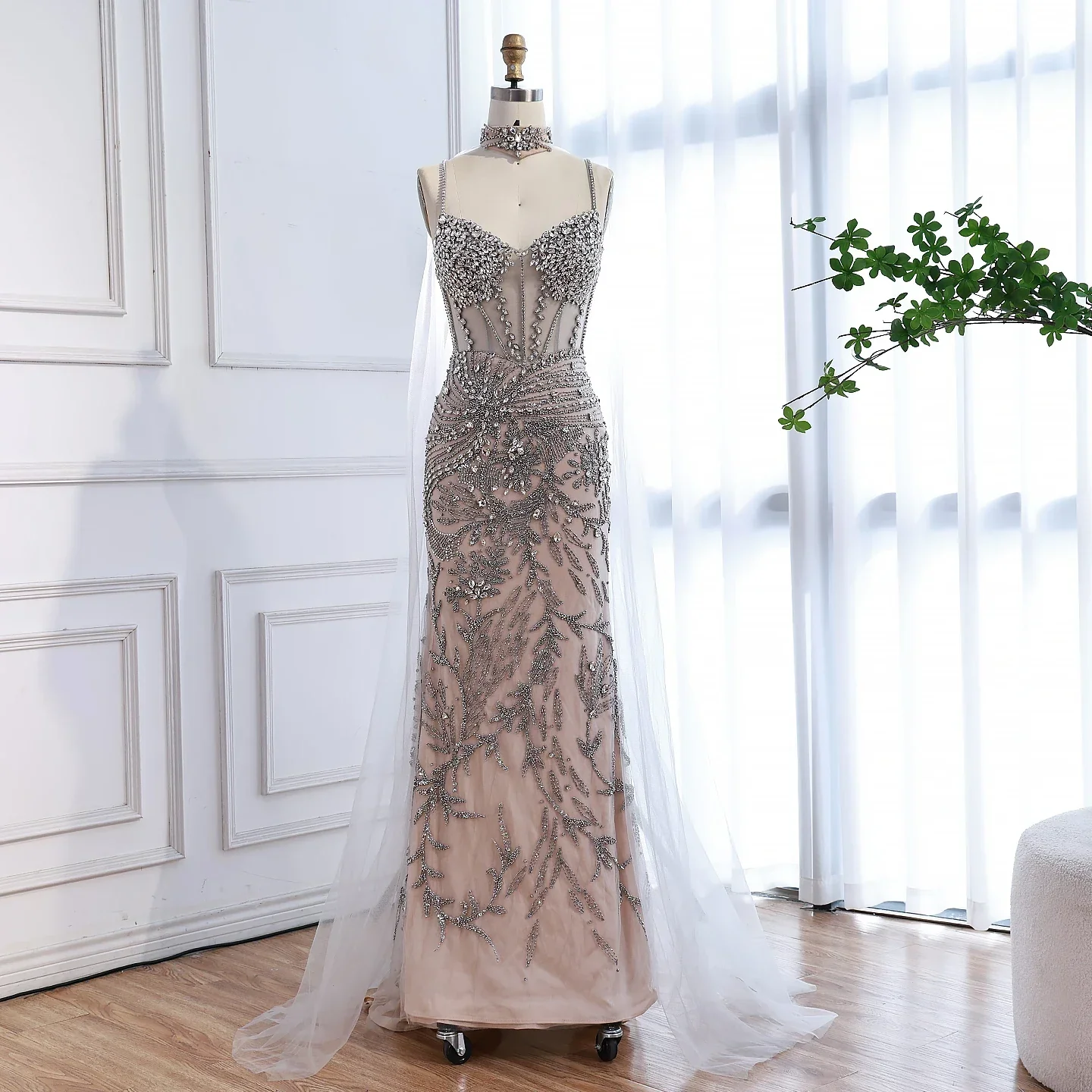 Luxury Evening Dress Grey Beaded With Cape Prom Gown LA73342 - Image 2