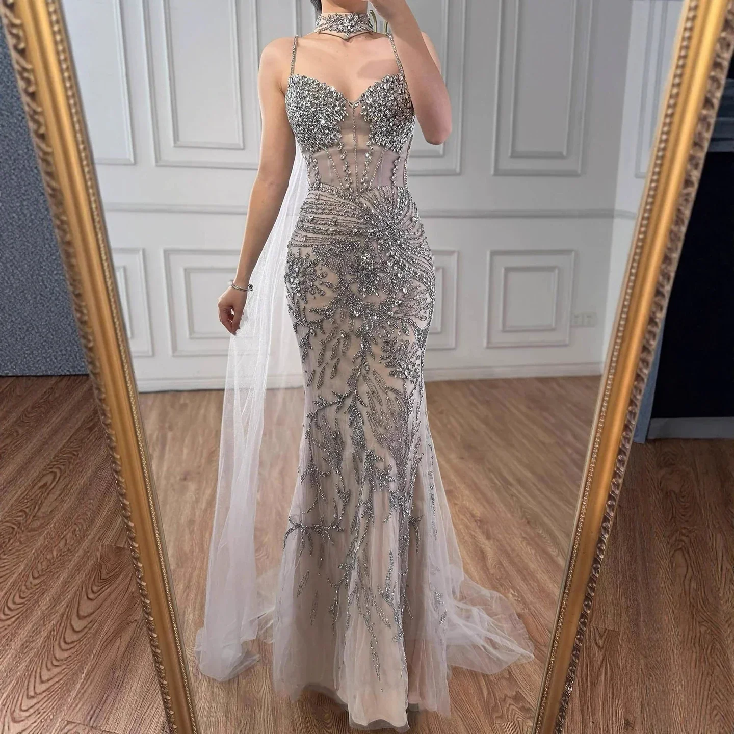 Luxury Evening Dress Grey Beaded With Cape Prom Gown LA73342 - Image 3
