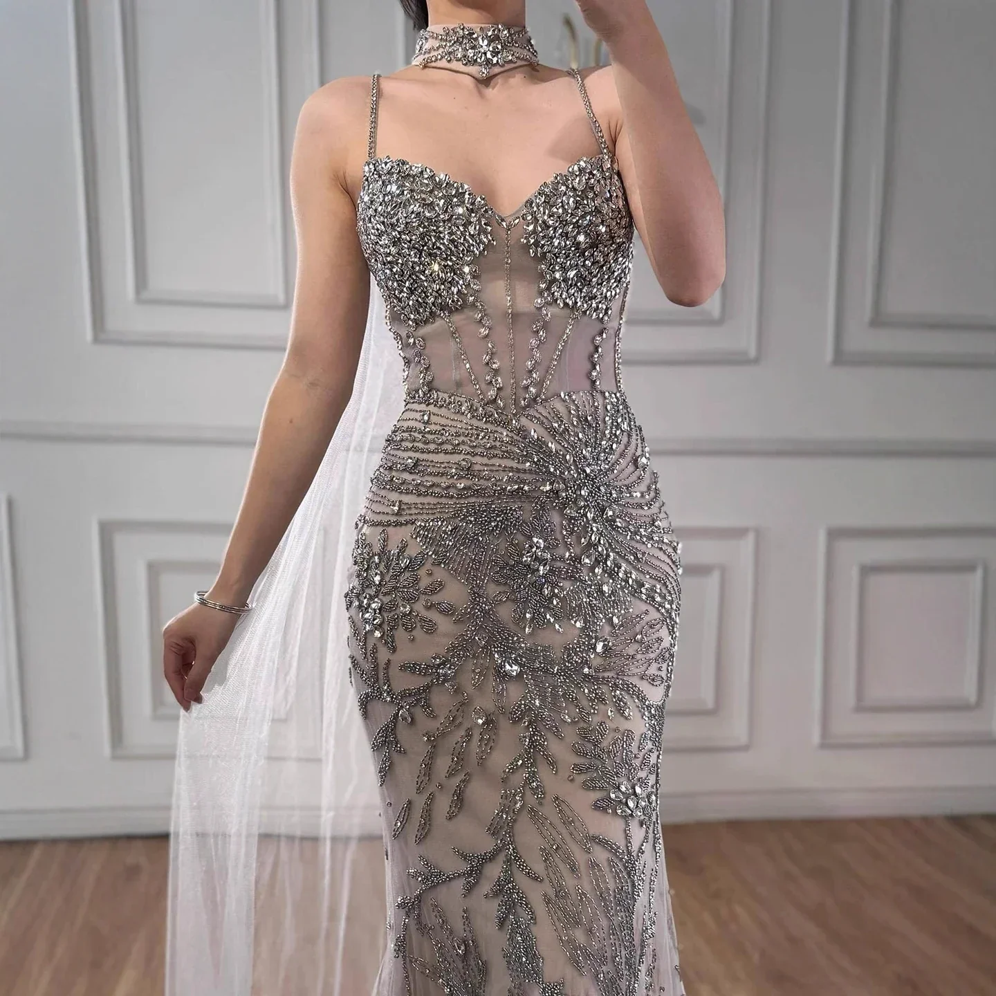 Luxury Evening Dress Grey Beaded With Cape Prom Gown LA73342 - Image 4