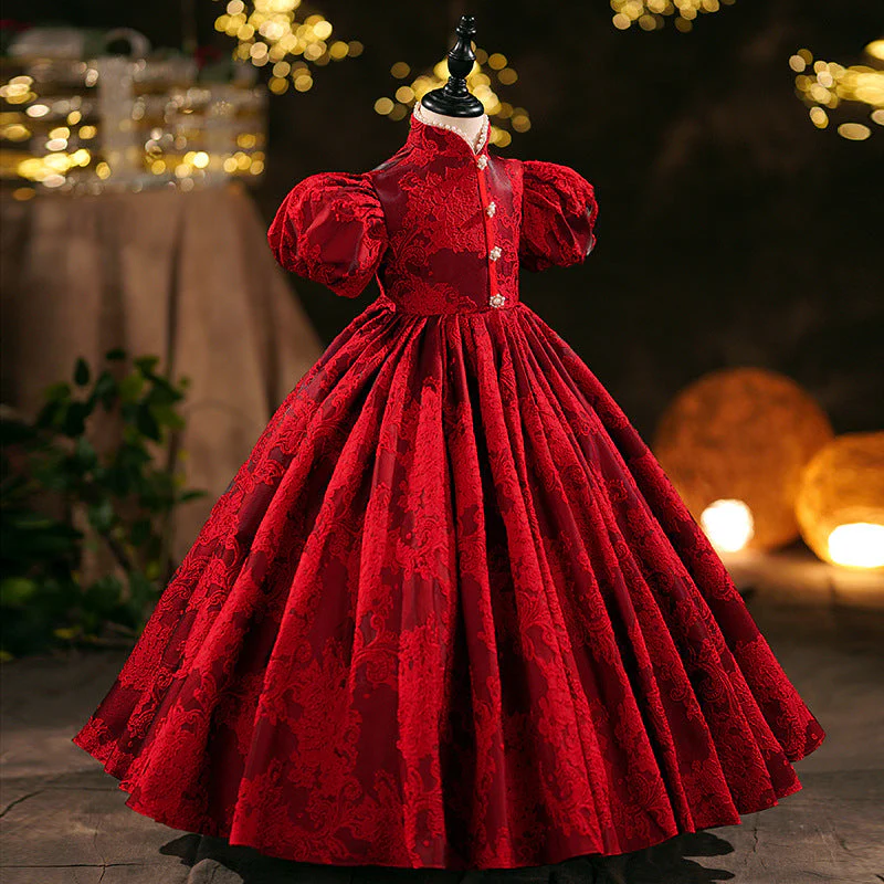 Girl Christmas Dress Girl Communion Dress Baby Girl Red Formal Puff Sleeve Large Skirt Dress - Image 3