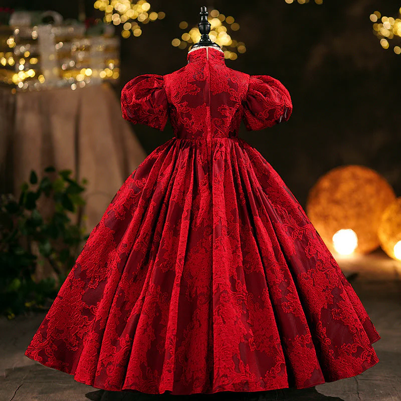 Girl Christmas Dress Girl Communion Dress Baby Girl Red Formal Puff Sleeve Large Skirt Dress - Image 5