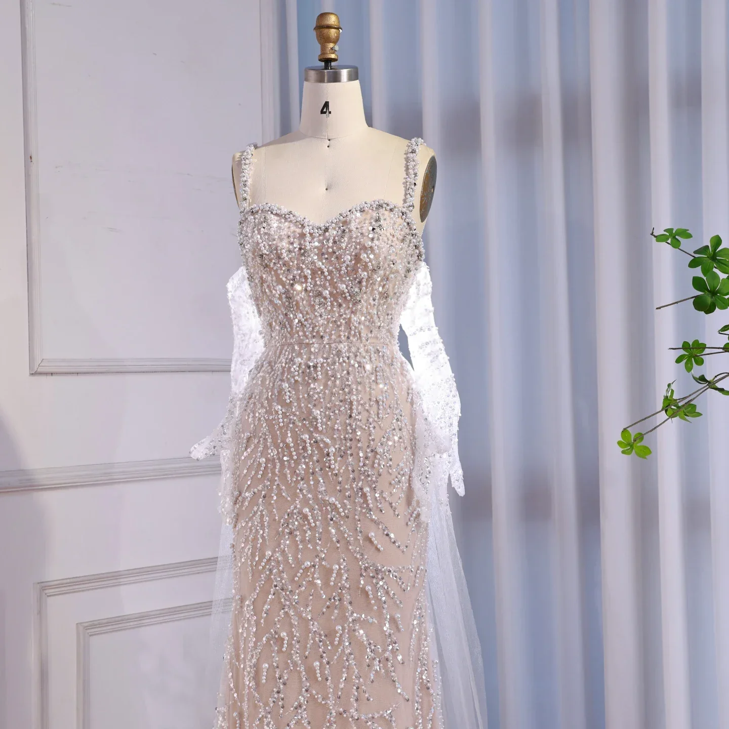 Luxury Lace Pearls Mermaid Evening Dress With Glove White Nude LA72345E - Image 7