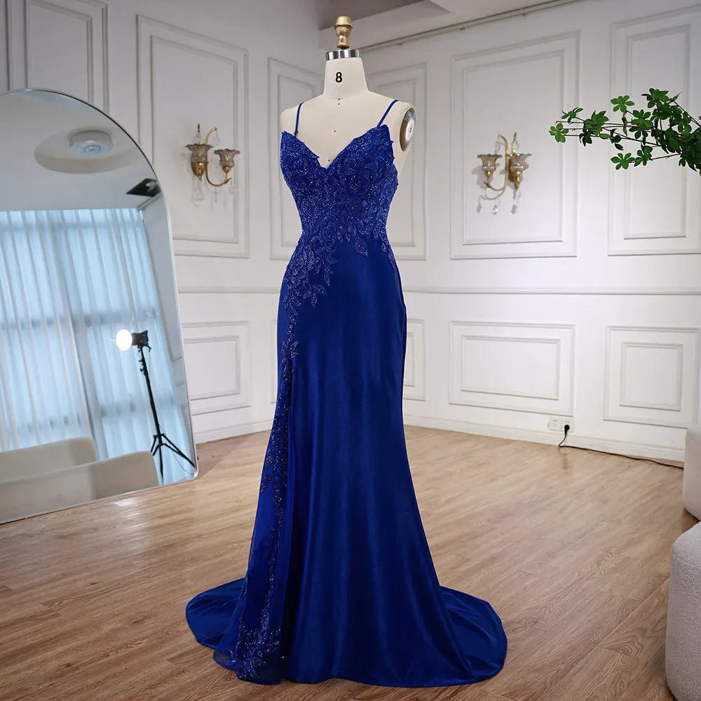 Luxury Navy Blue Lace Slit Prom Dress with Spaghetti Straps LA73041 - Image 2